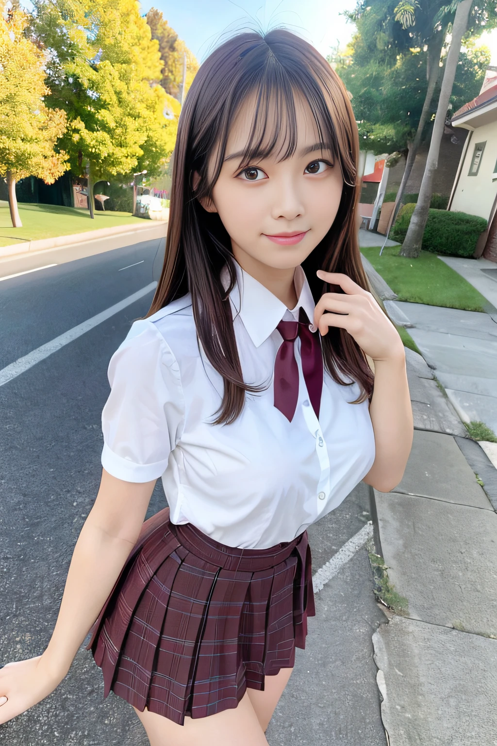 best quality, unparalleled masterpiece, official art,extremely detailed CG unity 8k wallpaper, 1girl,(solo),mature female,(generous breasts),age 16-years-old, (beautiful face and detail eyes), (smile:1.1), school uniform, brown coin lowfer, white socks, standing on brick sidewalk, roadside trees, street, sunshine light, turn full-body to front view, turn face to camera,face to front camera