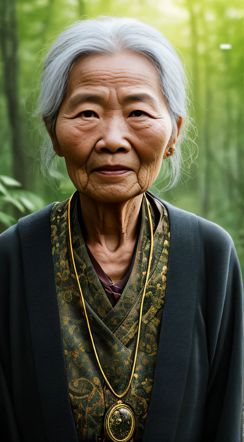 Portrait photography style, world masterpiece, super unique high professional digital art, film format, hyper-realism, color cinematography with ultra-fine details and quality, background is deep in the forest, an old woman in rural China, a wise woman. She has a kind face and her eyes are kind and shrewd. Her skin has been blackened and powerful by the sun and rain, and the wrinkles are fixed on the corners of her mouth and forehead, making her look more precipitated by his years. Although wearing a dark gown, although simple in appearance, it exudes sublime wisdom and a sense of tenacity of strength.