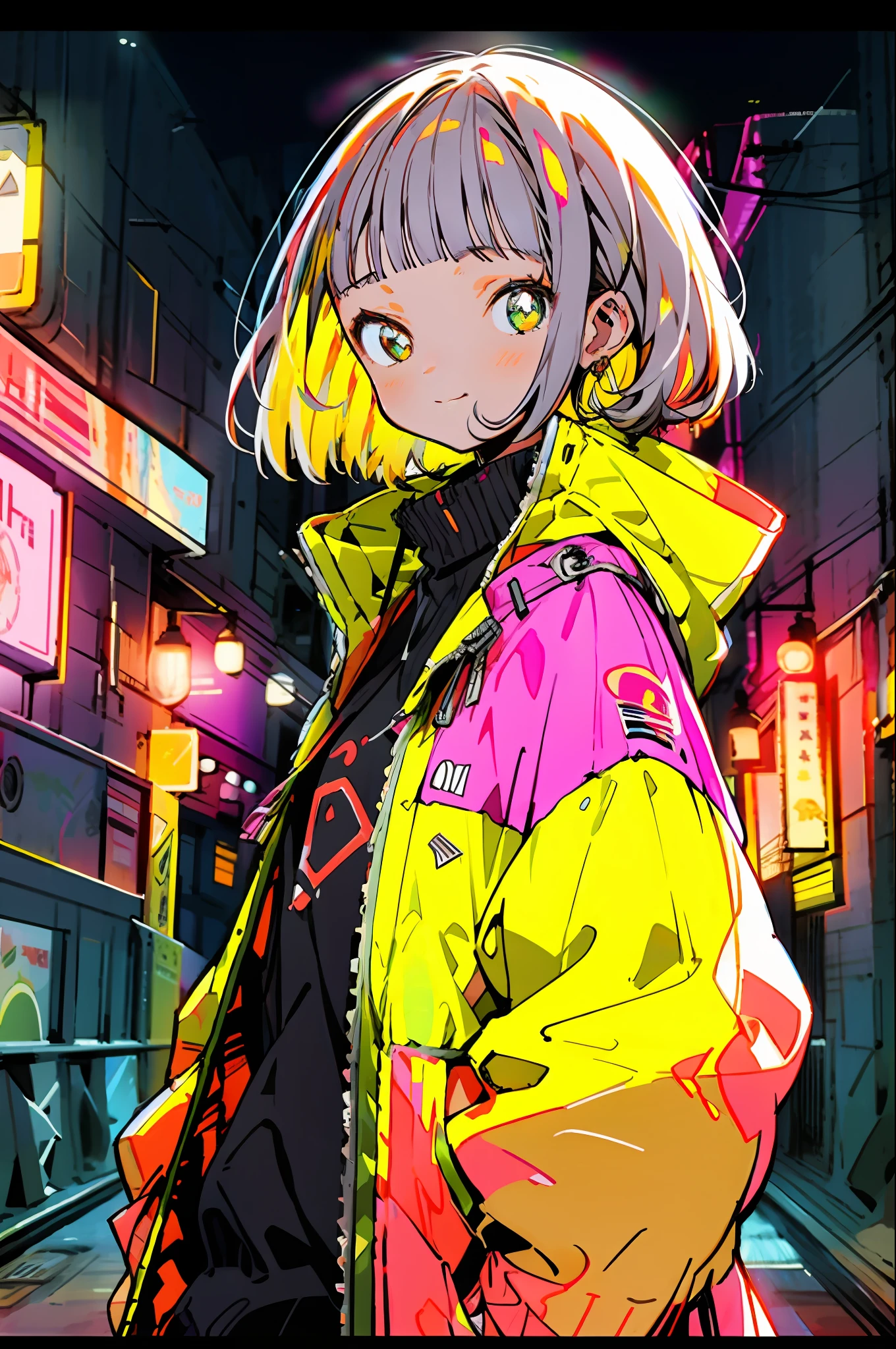 masterpiece, best quality, 1girl, city pop, night, neon light, looking at another, upper body, vector illustration, jacket, light smile, blunt bangs, long hair