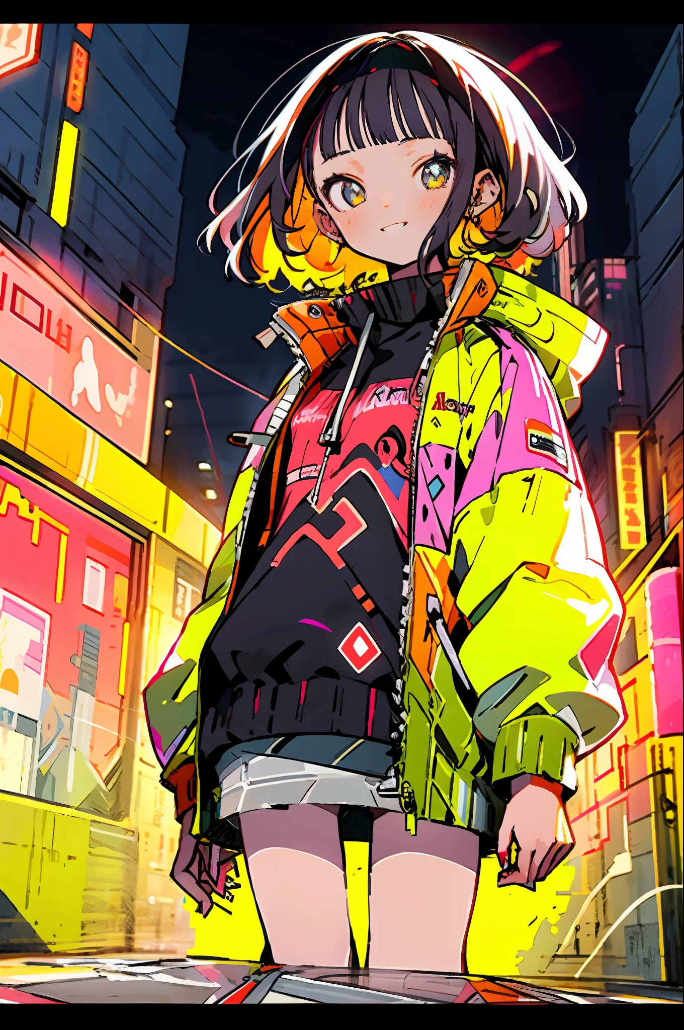 masterpiece, best quality, 1girl, city pop, night, neon light, looking at another, upper body, vector illustration, jacket, light smile, blunt bangs, long hair