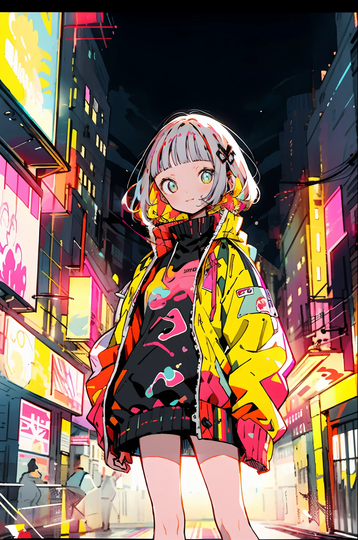 masterpiece, best quality, 1girl, city pop, night, neon light, looking at another, upper body, vector illustration, jacket, light smile, blunt bangs, long hair