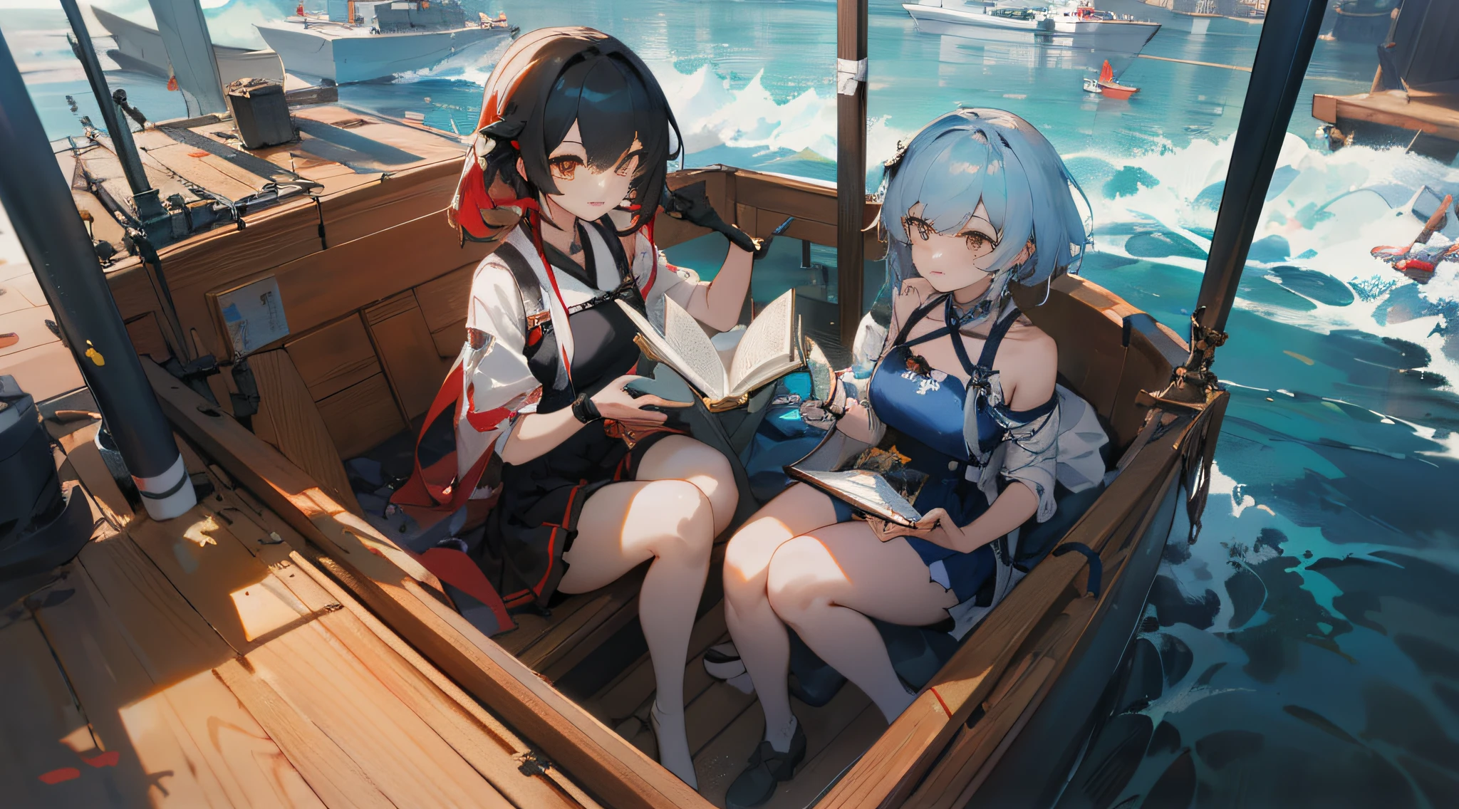 anime characters sitting in a boat with a book open, from the azur lane videogame, kantai collection style, trending on cgstation, azur lane style, characters from azur lane, guweiz on pixiv artstation, artwork in the style of guweiz, guweiz on artstation pixiv, trending on artstation pixiv
