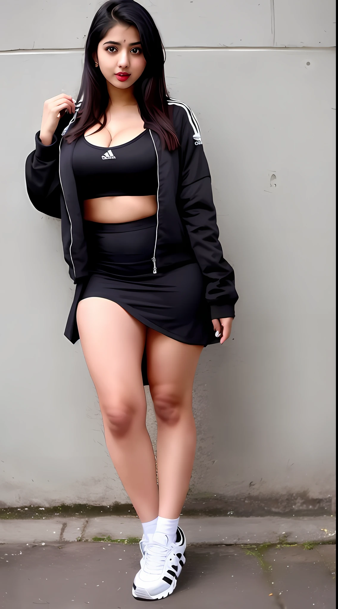 hot sexy big boobs Indian girl, look sexy, fairy tail hair, black+white lips, bra in adidas jacket, skirt,jordan shoe's, college