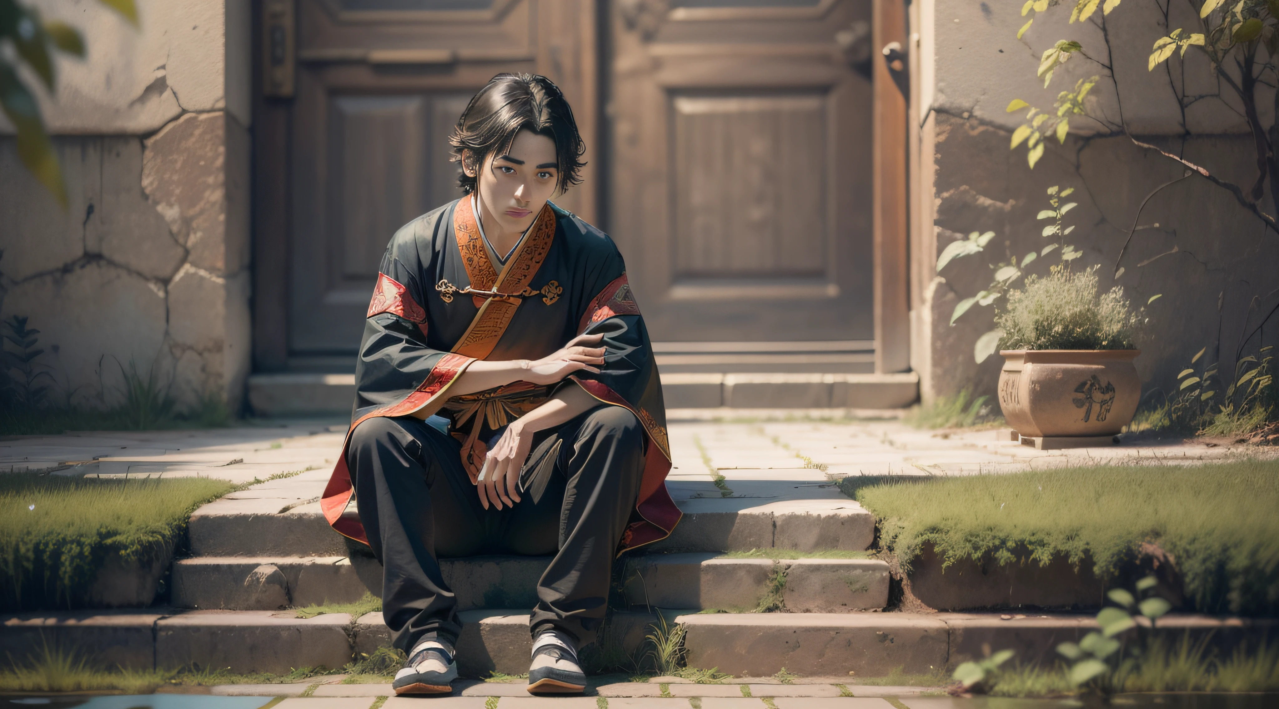 ((Best Quality)), ((Masterpiece)), ((Surreal)), Description scene: A boy sitting on the front step of the door, wearing a black traditional Chinese costume with a depressed expression. Ancient Chinese garden, surrounded by various buildings, stone floor, scattered grass growing in the crevices, wide-angle shot, a woman in red Hanfu walking in the distance, add effects: Please add texture, film grain and skin pore effect to the illustration. Set the intensity of these effects to 0.1 to maintain naturalness. Style requirements: make a movie still frame, simulate the style of 1.3, including the film grain effect of 1.3. deep shadow, masterpiece, realistic, roughness, ultra-realistic, shot on canon EOS R5, 50mm lens, f/2.8, HDR, 8k resolution, high resolution, high detail, sharp focus, smooth, roughness, real life, realism, photography, 8k ultra hd,