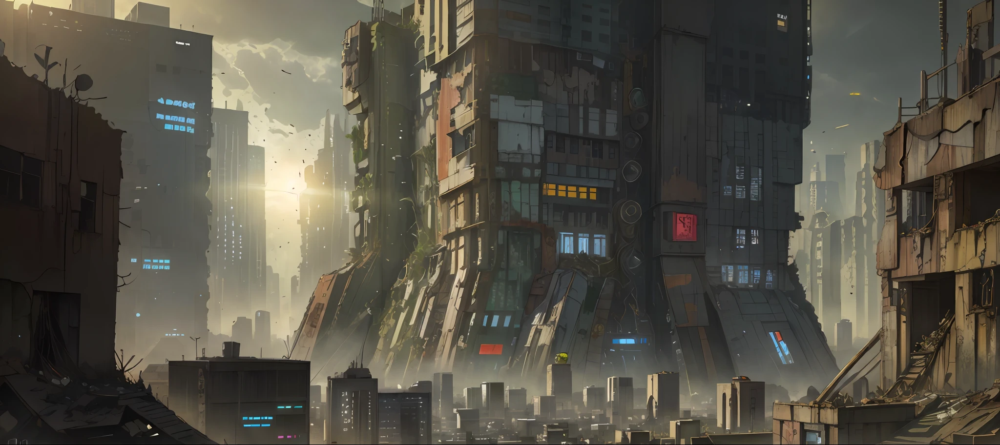 ((Best Quality)), ((Masterpiece)), (Very Detailed: 1.3), ((View of a Huge Dystopian Sprawling City)), Layers of Buildings Block the Sunlight (((Perfect Building))), Dirty Cracked Concrete and Dilapidated Steel Buildings, Towering Slums, 4k High Resolution, Masterpiece, Art Station Trend, (Clear Lines), Neon Sign,