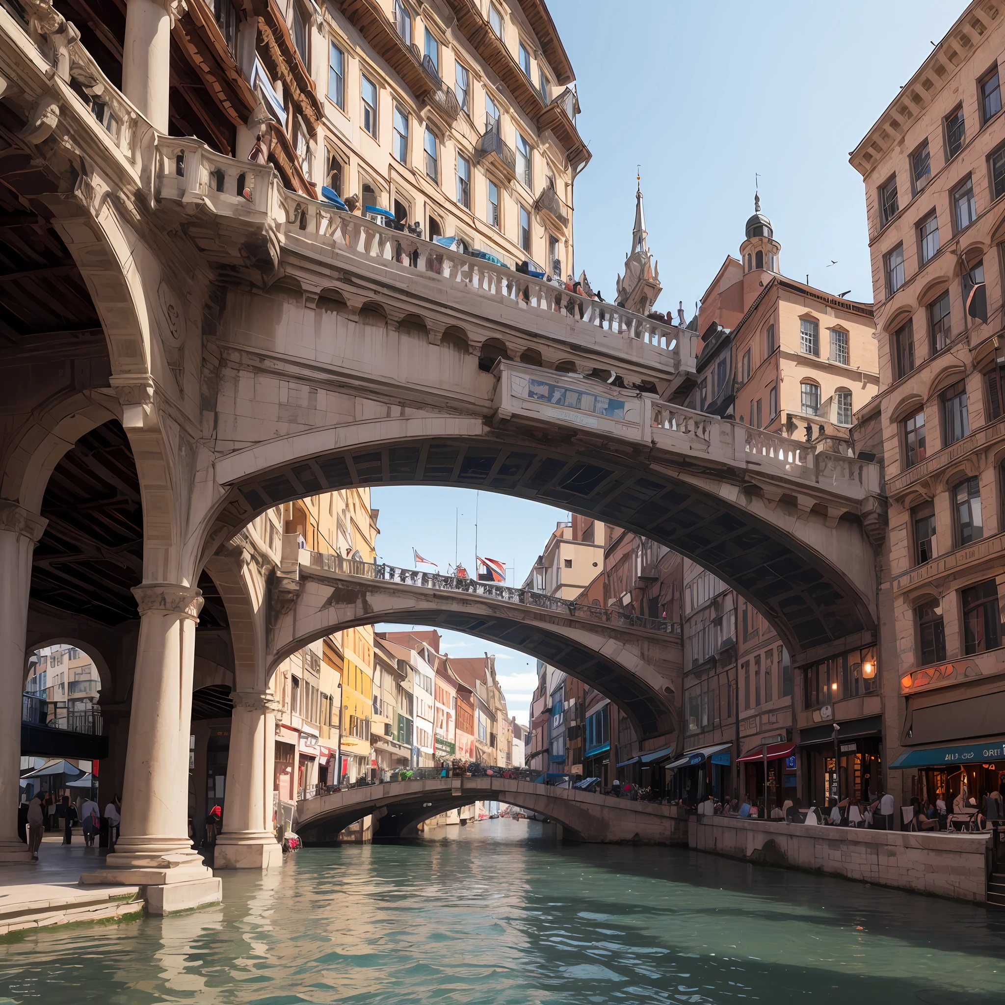 Horizontal design, high resolution, best quality, ultra detailed, dynamic angle, floating and bustling cityscape, intricate details, historic architecture, flowing river, vivid colors, volumetric lighting, crowded boats and bridges, rich cultural background. --auto