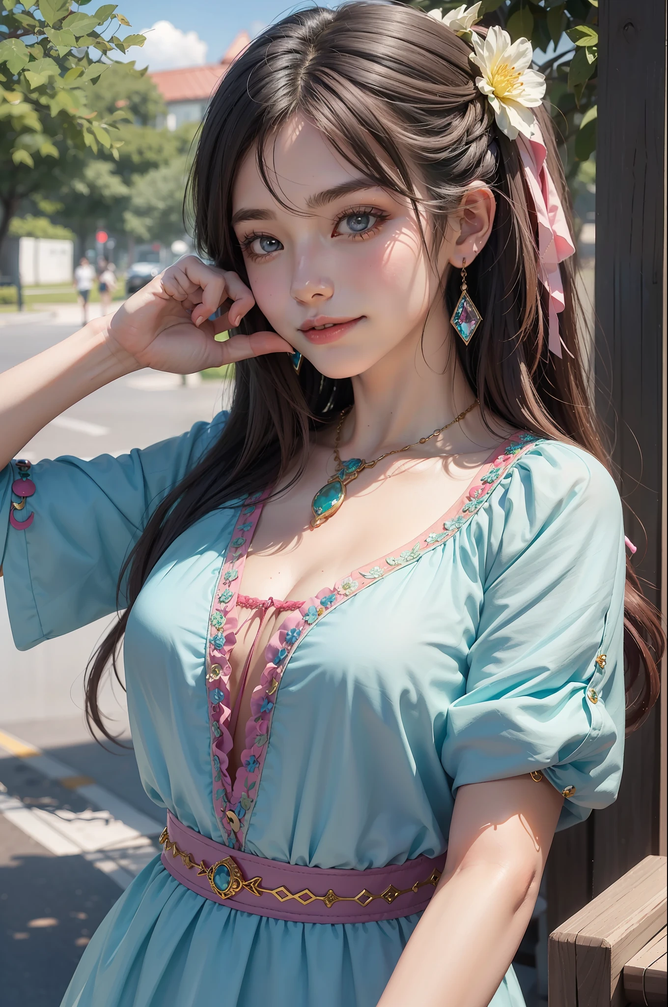 On a summer morning, an 18-year-old girl wears a colorful blouse with jewelry and jewelry, so beautiful. She wears a colorful hairstyle and a confident smile. She had colorful jewels around her neck that shone dazzlingly. Her eyebrows are slightly raised, her eyes are bright and pure, and the corners of her mouth are slightly raised, revealing a charming charm. She seems to come from the world of anime and shows a colorful fantasy art style.