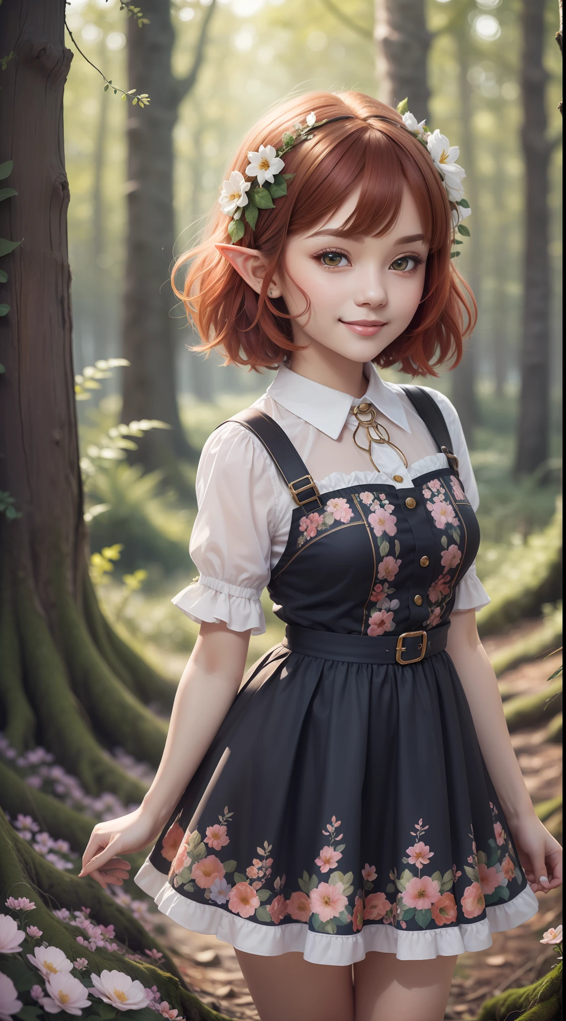 (Masterpiece), (Ultra detailed), (Full body:1.2), 1 girl, chibi, cute, smile, bangs, redhead, short hair, head flower, (forest: 1.3), (flower: 1.5), elf ears, depth of field, tree, handy legs, (beautiful detail face), (beautiful detail eyes), blur, (best quality)