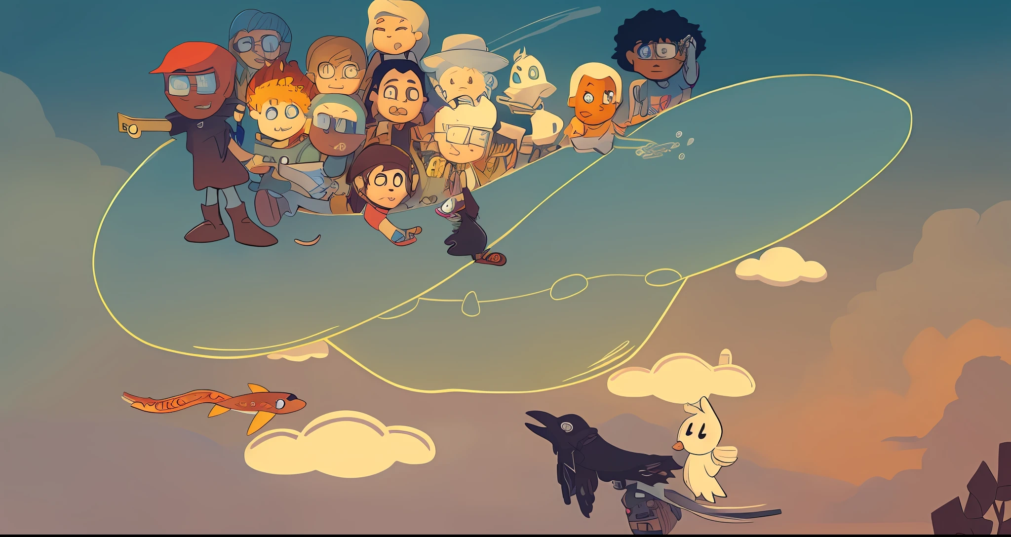 cartoon of a group of people flying in a hot dog, sky!, official fanart, fanart, high quality fanart, detailed fanart, pixiv contest winner, video game fanart, inspired by Winsor McCay, added detail, chibi, [ conceptual art ]!!, sky!!!, duck themed spaceship, very crowded, discworld theme, fanart ”, coloured comic, videogame still