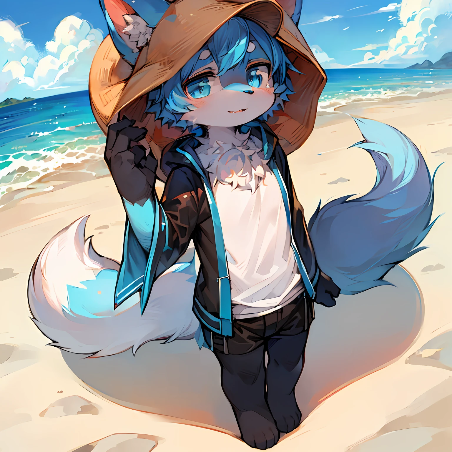 masterpiece,high quality,abstract res,digital painting\(artwork\), by dagasi, yupa, kiyosan, (anthro, fluffy fur, character focus:1.1), anthro male cat, short hair, portrait, bright eyes, panorama, Character focus. (Background: 0.7), Furry, Furry Male, Male Focus, Anthr, (Full Body Fur, Fluffy Tail, White and Blue Fur, Blue Eyes, White), (Long Canids,), (Beach, Daytime: 1.1)