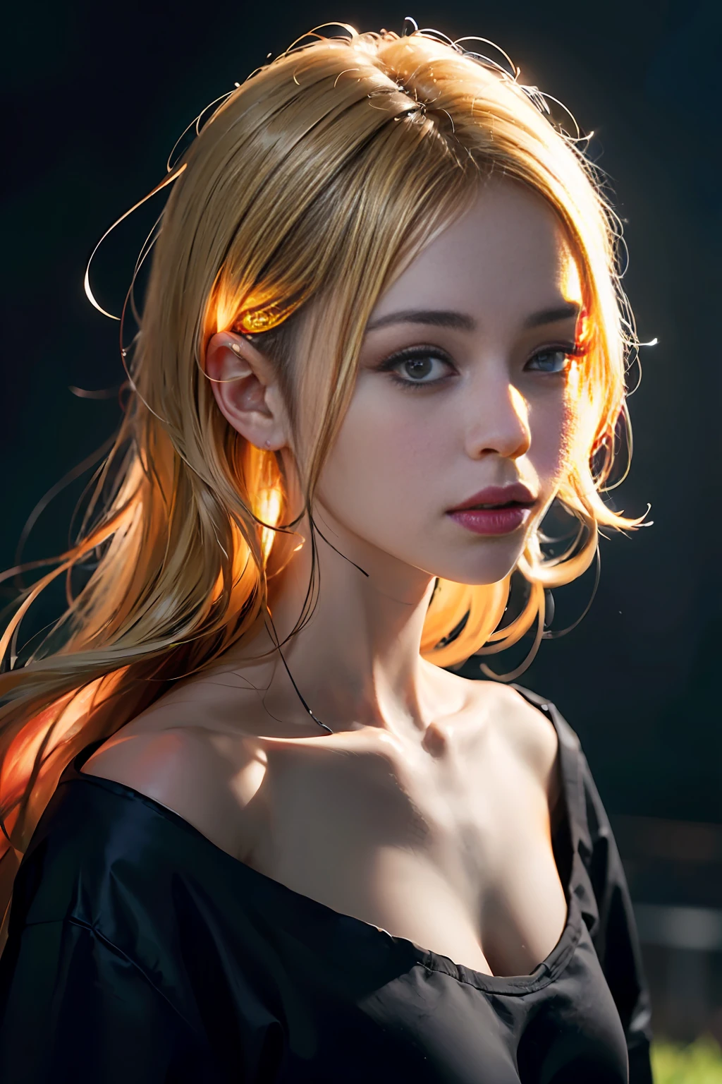 22-year-old woman, (high top fade: 1.3), long hair, dark theme, soothing tones, muted colors, high contrast, big, blonde (natural skin texture, hyperrealism, soft light, sharp),
