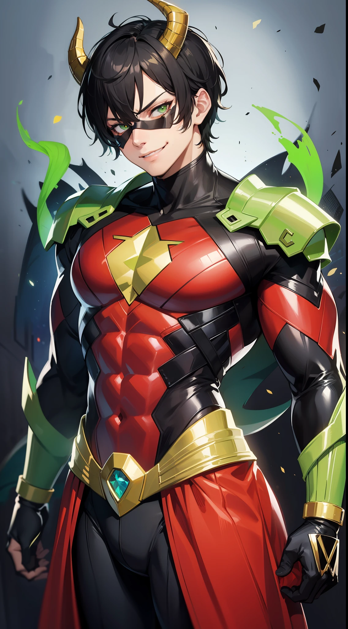 Young guy, short black hair, green eyes, red superhero costume, superhero mask, dragon horns, dragon tail, smirk, muscles, masterpiece, high quality