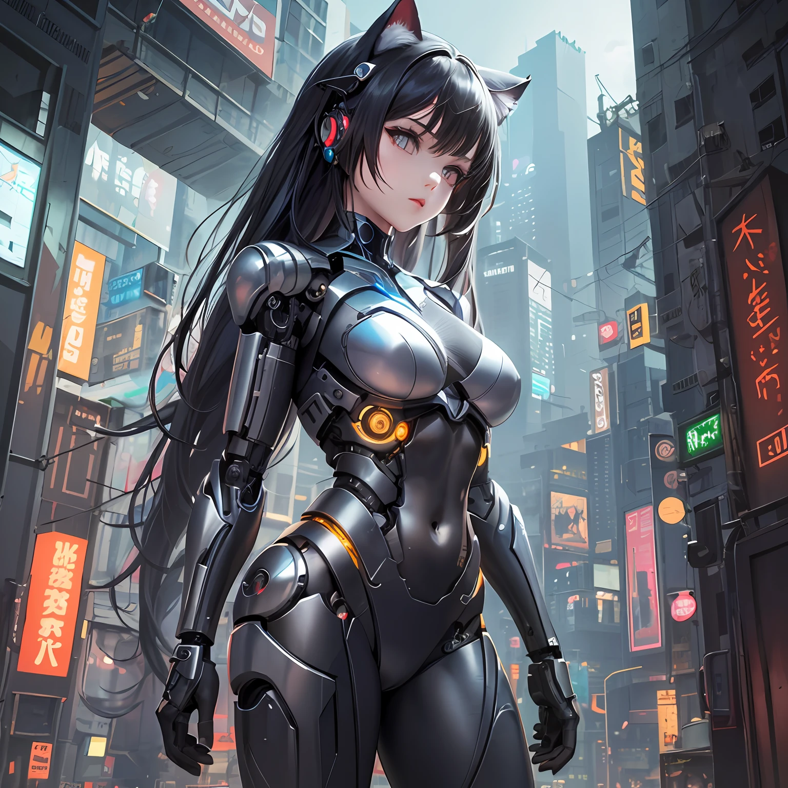 whole body,(((metal)),??? girl with long metal hair,((cyborg))), cat ears, cyberpunk style,(complex details)))、HDR, (((complex details, ultra detail))), cinematic shot, vignette