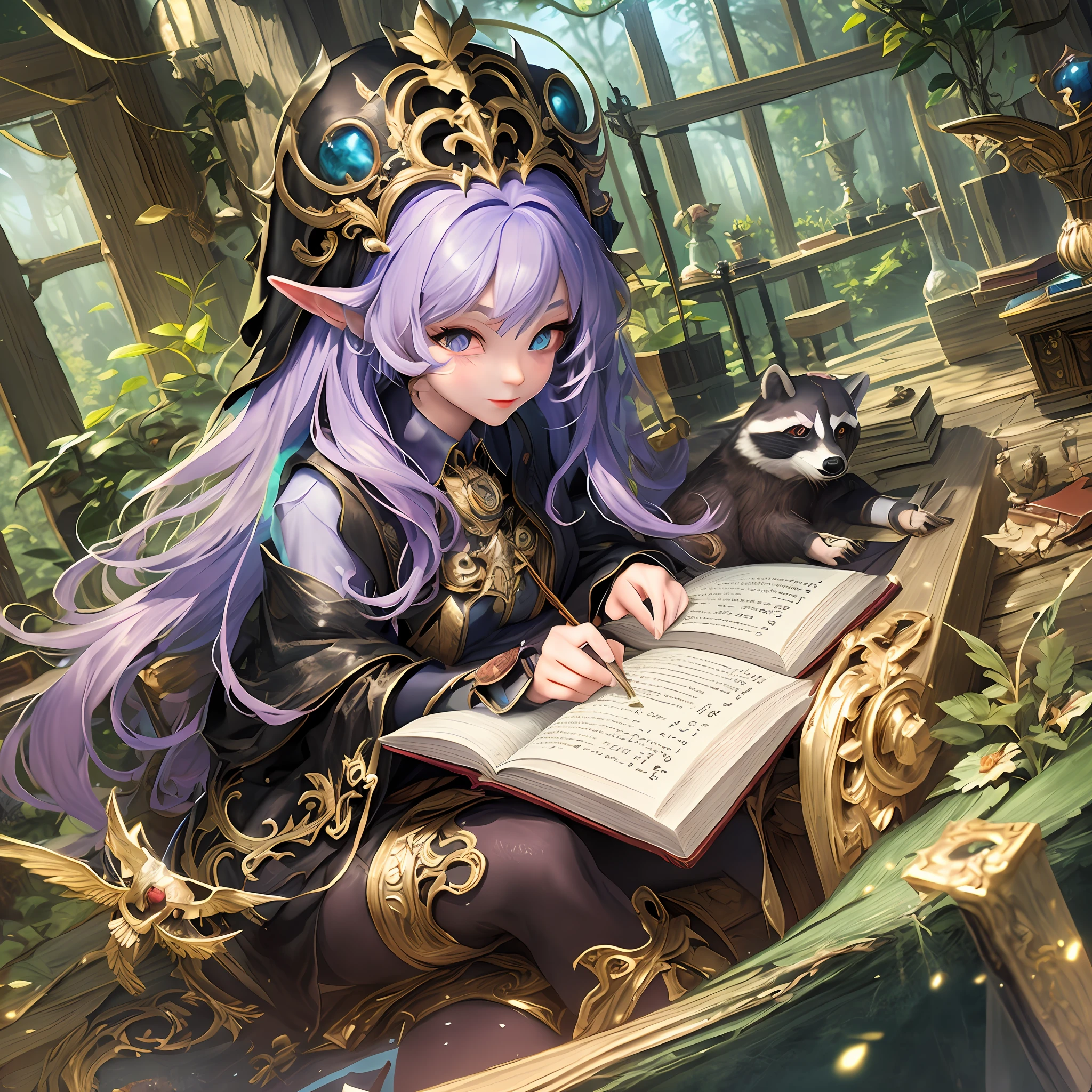 In a whimsical forest clearing, an enchanting scene unfolds as a raccoon adorned in an elaborate wizard costume sits perched in front of a charming wooden house, engrossed in an ancient spellbook. The image is a fantastical masterpiece, rendered in mesmerizing detail with the power of Unreal Engine and presented in stunning 8K resolution. Describe the captivating world surrounding the raccoon wizard, the intricate details of its costume, the magical aura emanating from the spellbook, and the sense of wonder that this fairy tale-inspired scene evokes. --auto