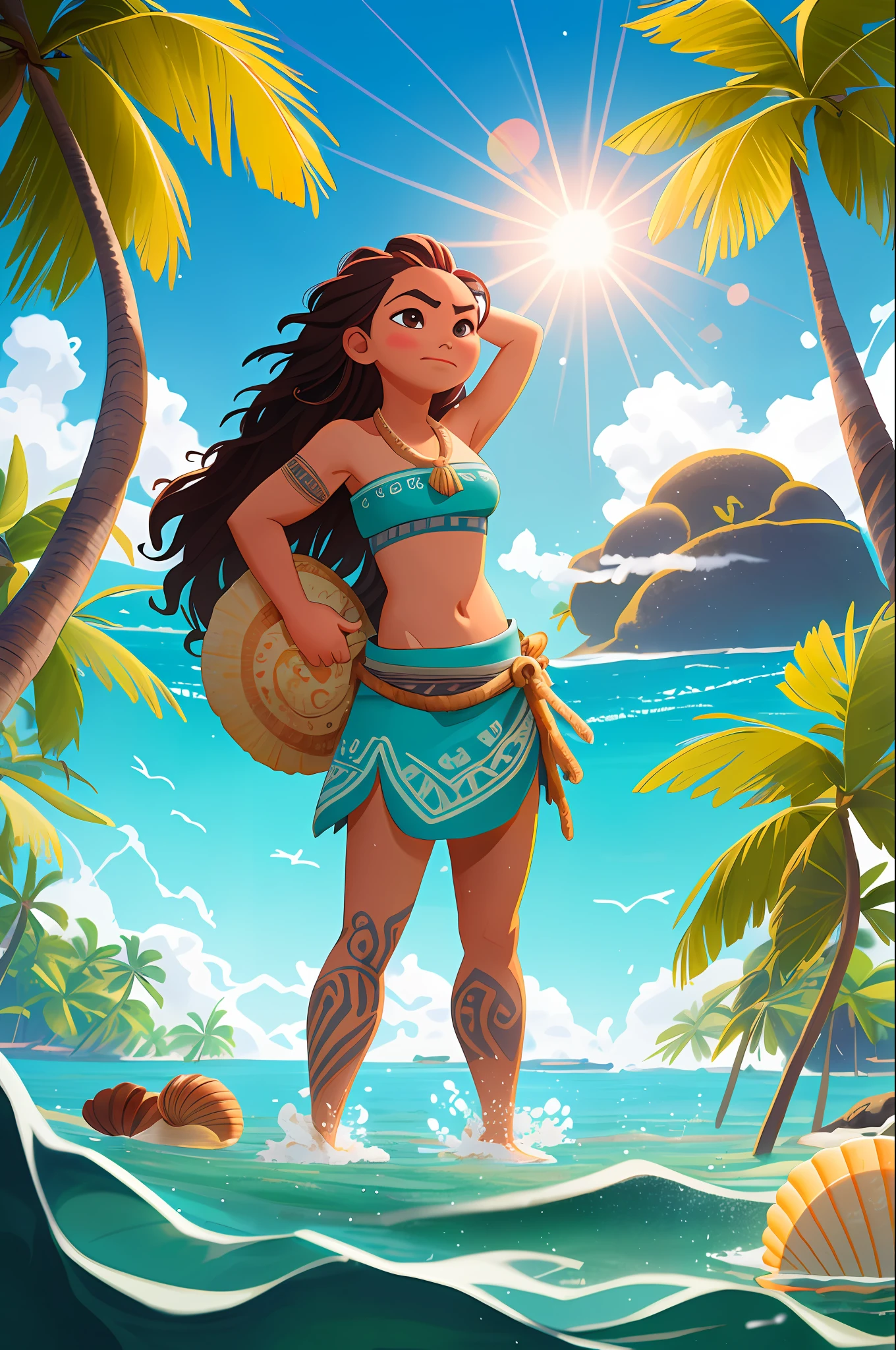 epic movie poster, volcano erupting, award winning (full body:1.3) portrait photo of a (moana:1.2), (seashell bikini:1.2), (water goddess:1.2), tribal tattoos, (wading:1.2) in the pacific (ocean:1.1), arms behind head, (partially submerged shot:1.2), (waves:0.9), desert island background, palm trees, beach,fluffy clouds in the sky, outrun, vaporware, trending on artstation, highly detailed, fine detail, intricate, (lens flare:0.9), (backlighting:0.9), (bloom:0.9), [Style-Micro::10]