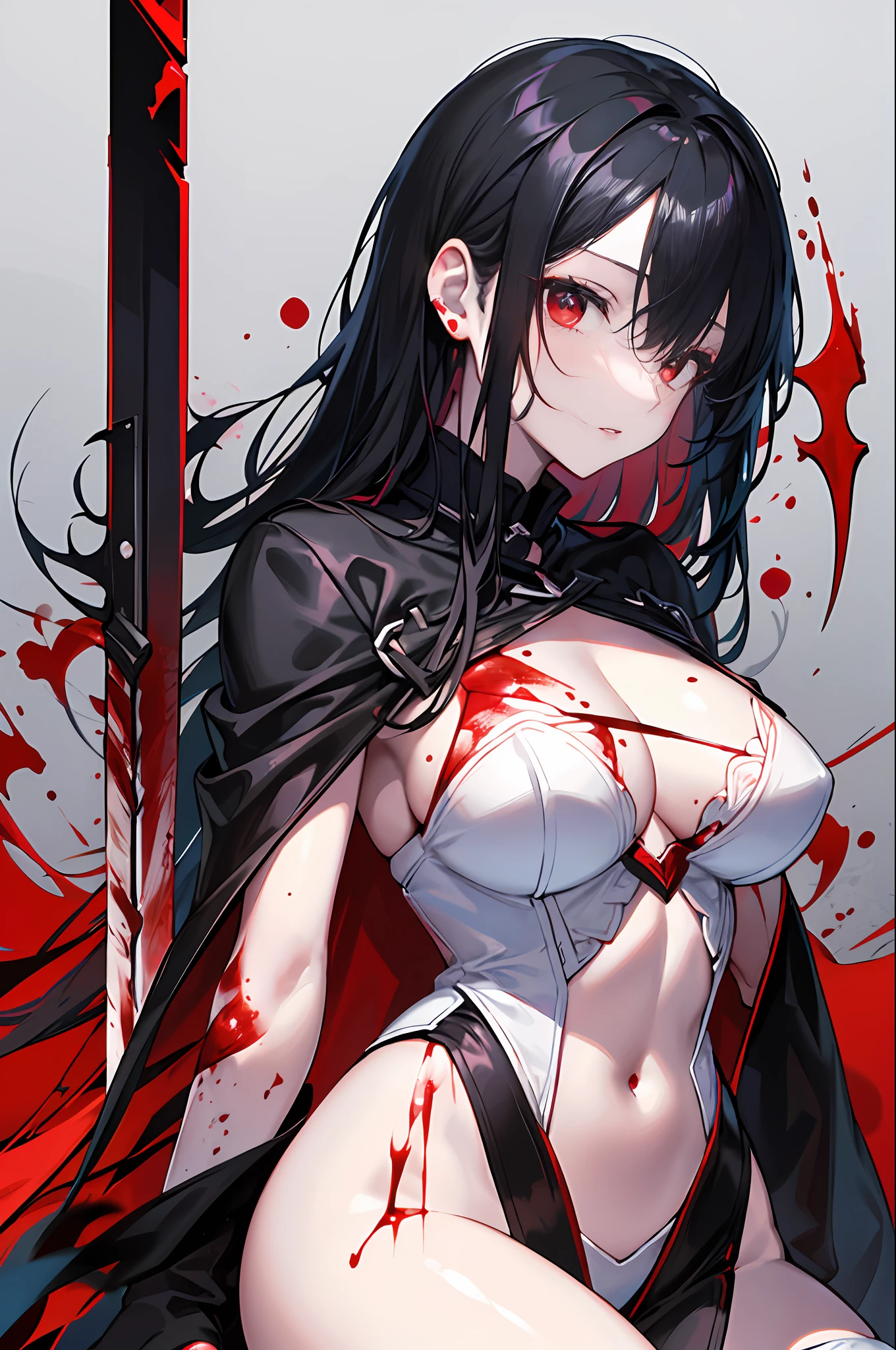 8K picture quality, ultra-high resolution, perfect face (with blood), extreme detail, peerless beauty, glowing skin, delicate (blood red) eyes, slender fingers, long sword in hand (blood on the sword), black hair (long hair), black cape, standing (looking down), long legs, knee-length boots on the legs (black), sexy, busty, upright_straddle