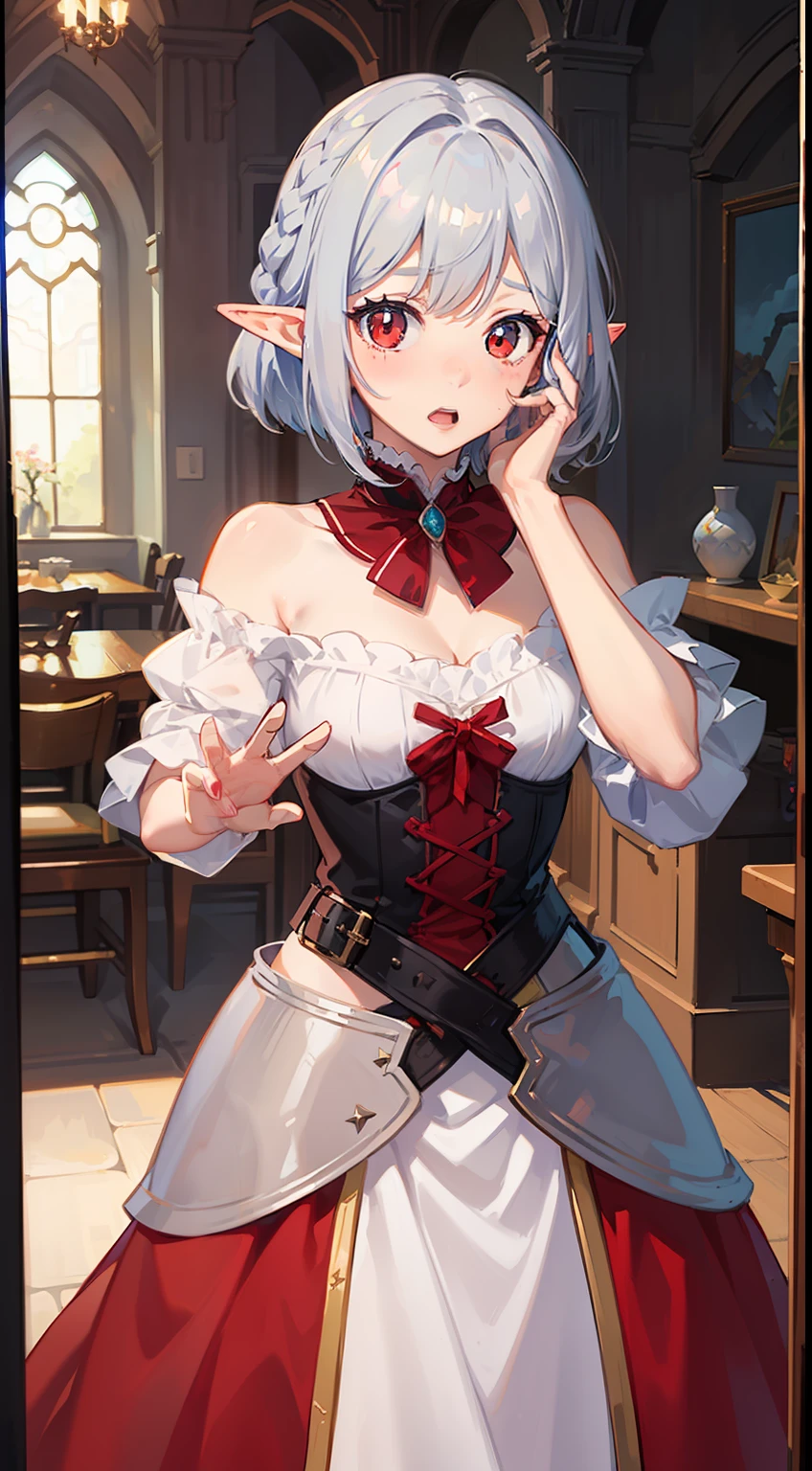 ((Put your hands on your face)), ((surprised)), (Red face), 1 girl, Elf, Silver hair, Red eyes, Braid hair, Bob cut, Princess, Medieval dress, Long skirt, Ruffles, Indoors, Mirror, TS, Concept art, Beautiful anime scene, Beautiful anime scenery, Top quality, Masterpiece, 4K