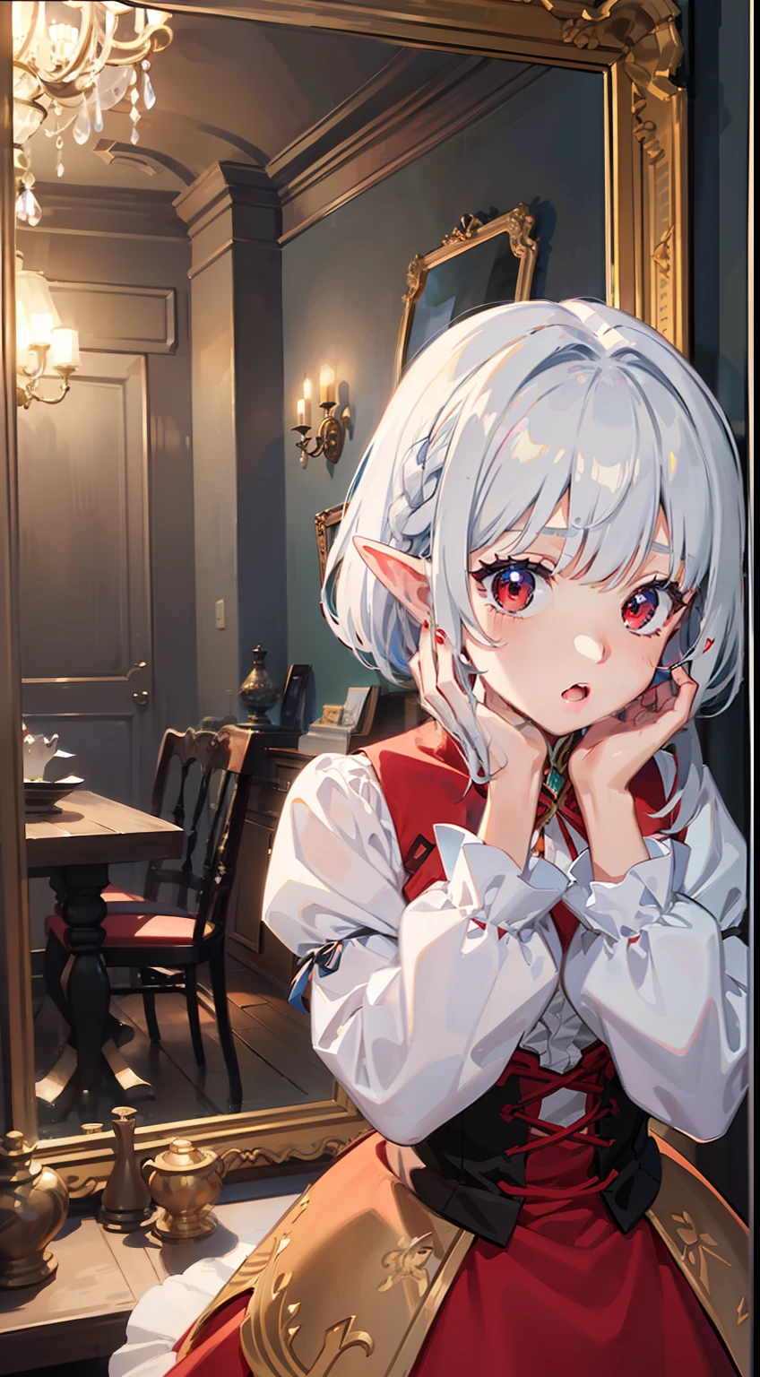 ((Put your hands on your face)), ((surprised)), (Red face), 1 girl, Elf, Silver hair, Red eyes, Braid hair, Bob cut, Princess, Medieval dress, Long skirt, Ruffles, Indoors, Mirror, TS, Concept art, Beautiful anime scene, Beautiful anime scenery, Top quality, Masterpiece, 4K