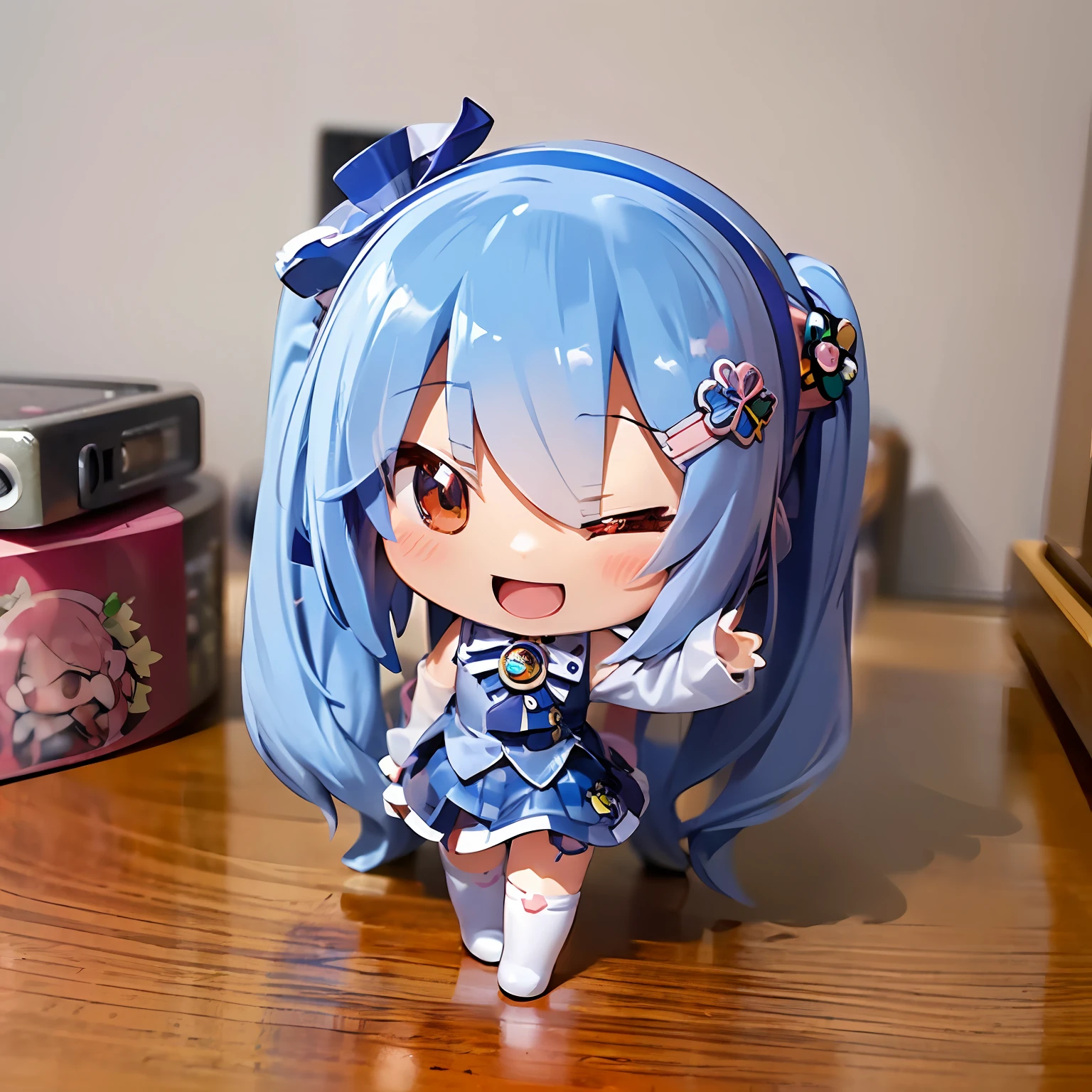 ((masterpiece)), ((((chibi anime)))), 1girl, solo ((((no background)))), madobe nanami, hairclip, hairband, hair ornament, long sleeves, skirt, white and blue thighhighs, (((nendroid))), one eye closed, smile, short cut, fu1fu,charcter doll,chibi