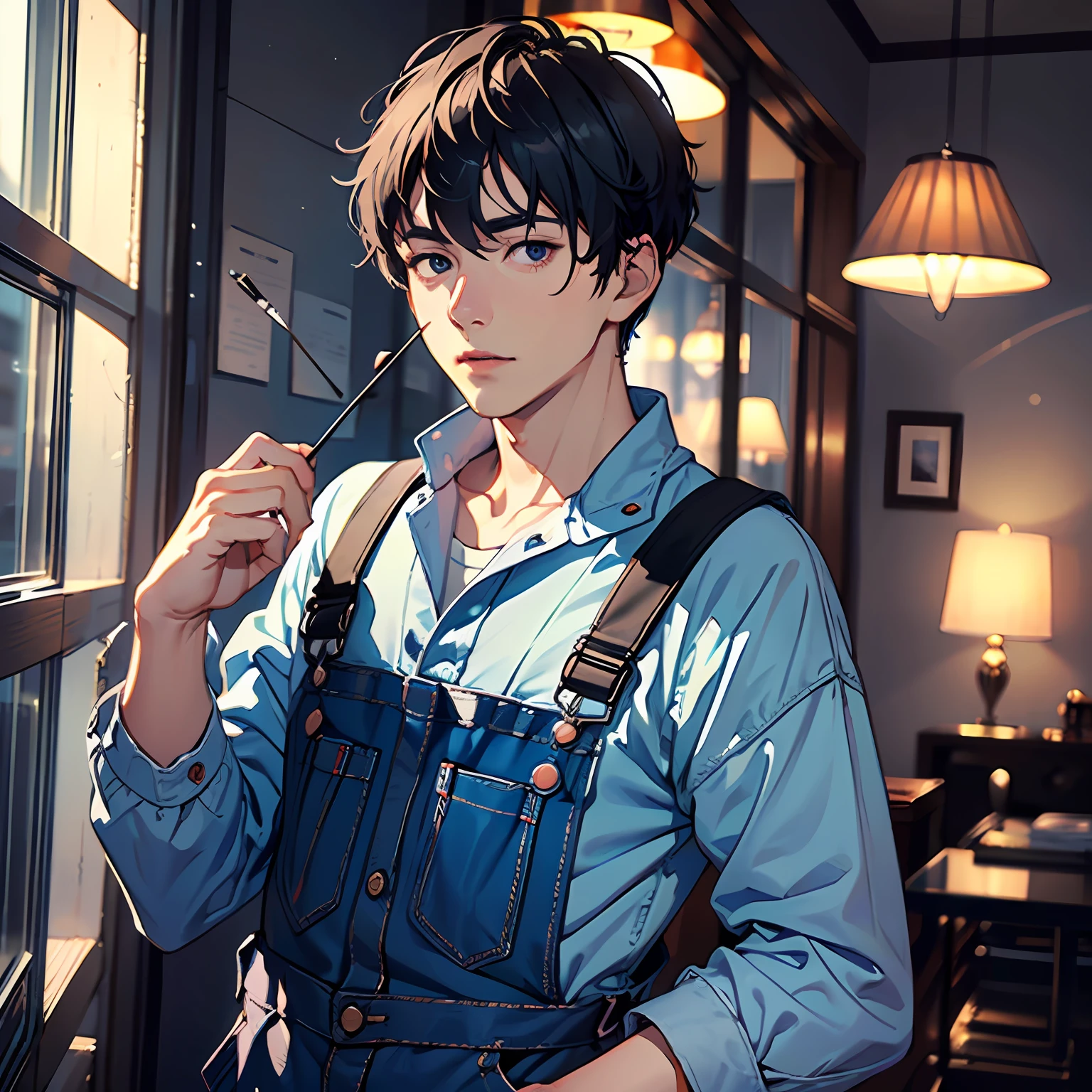 (Masterpiece, best quality: 1.2), very delicate beauty, best lighting, best shadow, (short black hair), night, ((a 20 year old man 1.8)), luxury hotel, Happy, ((blue coverall 1.5)), black eyes, (extremely accurate), (mysterious), half,