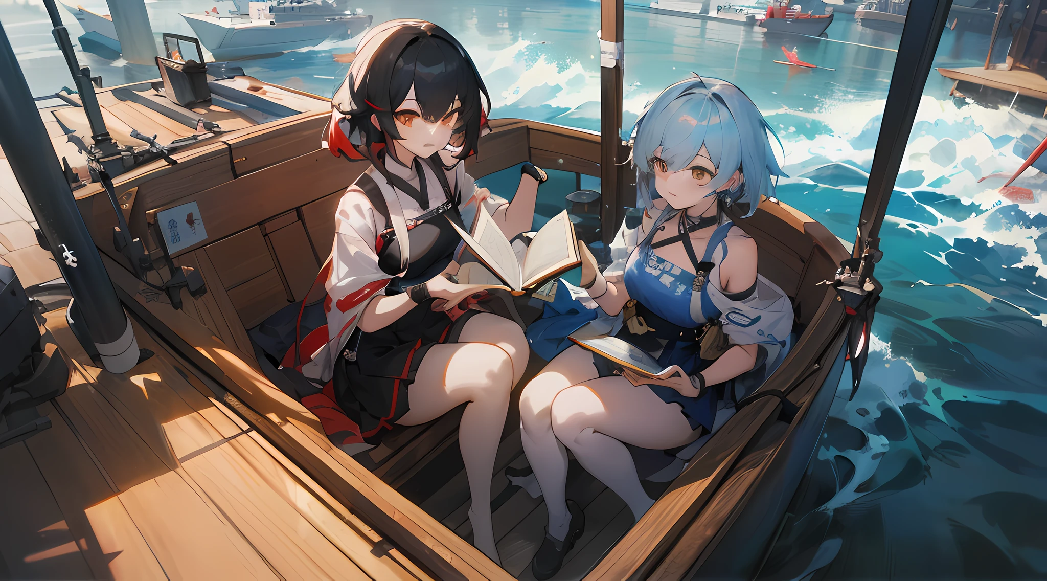 anime characters sitting in a boat with a book open, from the azur lane videogame, kantai collection style, trending on cgstation, azur lane style, characters from azur lane, guweiz on pixiv artstation, artwork in the style of guweiz, guweiz on artstation pixiv, trending on artstation pixiv