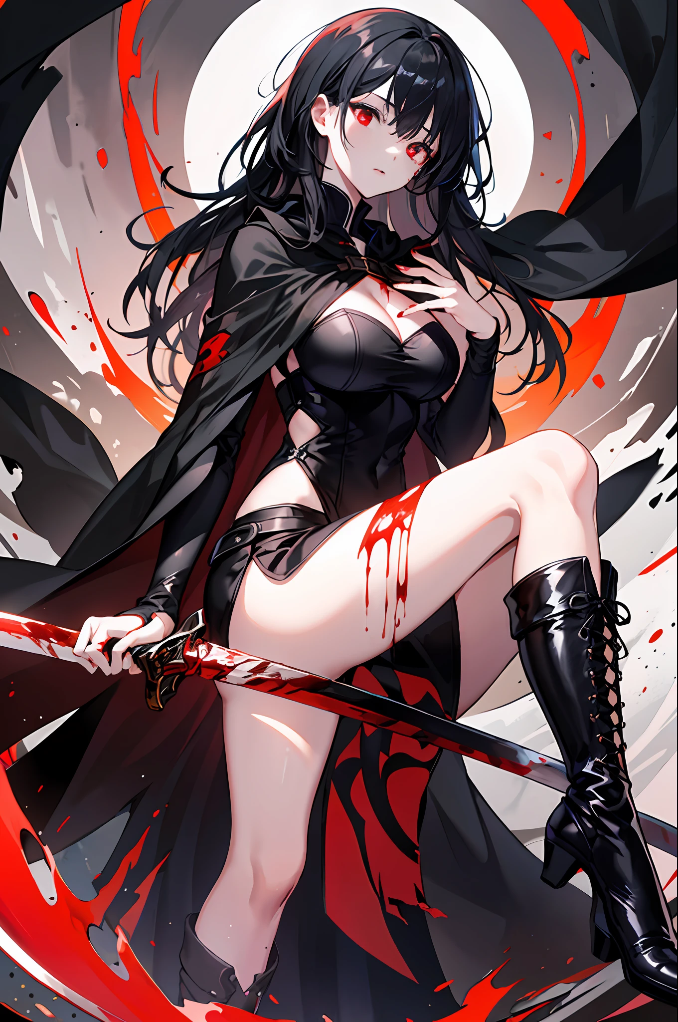 8K picture quality, ultra-high resolution, perfect face (with blood), extreme detail, peerless beauty, glowing skin, delicate (blood red) eyes, slender fingers, long sword in hand (blood on the sword), black hair (long hair), black cape, standing (looking down), long legs, knee-length boots on the legs (black), sexy, busty, upright_straddle