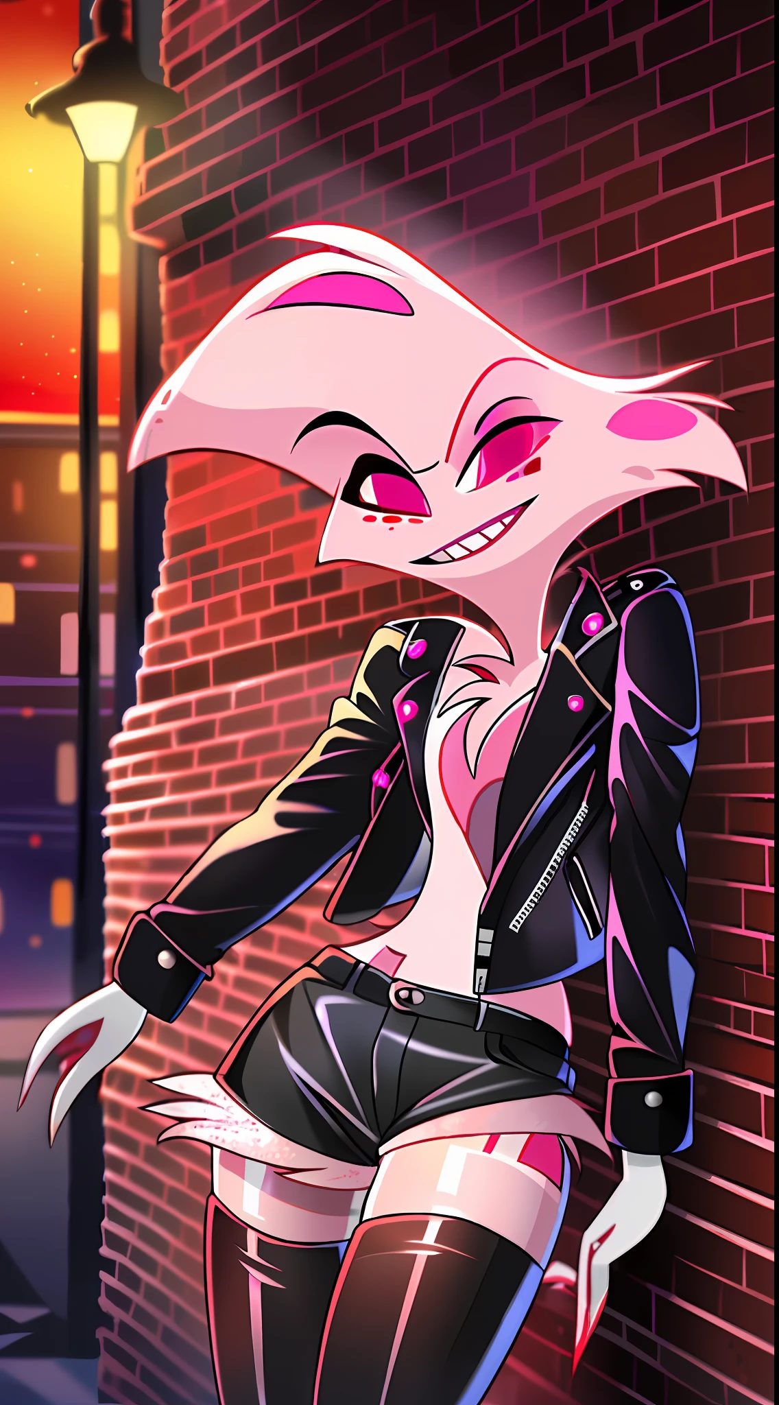 Anthro, ((wearing leather jacket)), wearing pink gloves, wearing thigh high boots, white fur, hi res, high resolution, (((angel dust hazbin hotel))), raw photo, solo, male, in alleyway, (black shorts), leaning on wall, night, good lighting, red sky, red lighting, (close up)