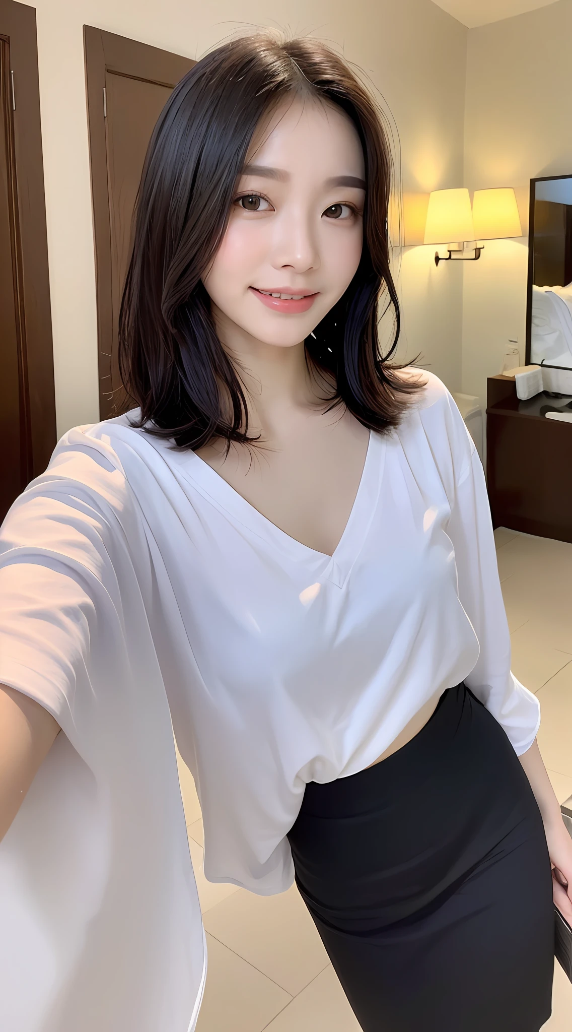 ((Top Quality, 8K, Masterpiece: 1.3)), Focus: 1.2, Perfect Body Beauty: 1.6, Ass: 1.3, ((Layered Haircut, Chest: 1.2)), (Wet Clothes: 1.1), (Night, Hotel: 1.3), Bando Dress: 1.1, Highly Detailed Face and Skin Texture, Narrow Eyes, Double Eyelids, Whitening Skin, Long Hair, (Shut Up: 1.3), Smile