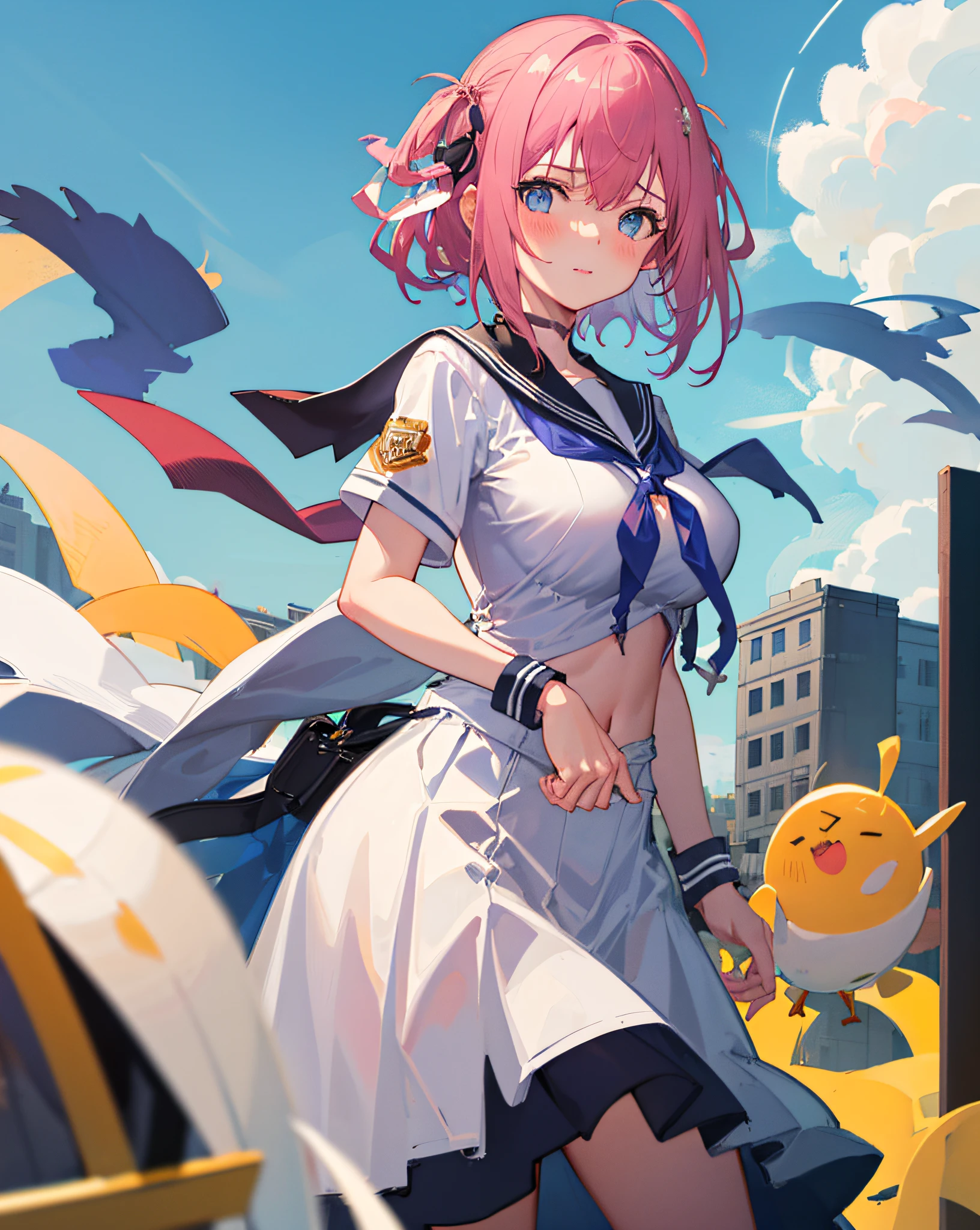 1girl, big breasts, wild, street view, street, standing, cowboy shooting, ((school uniform)), serafuku, blush,