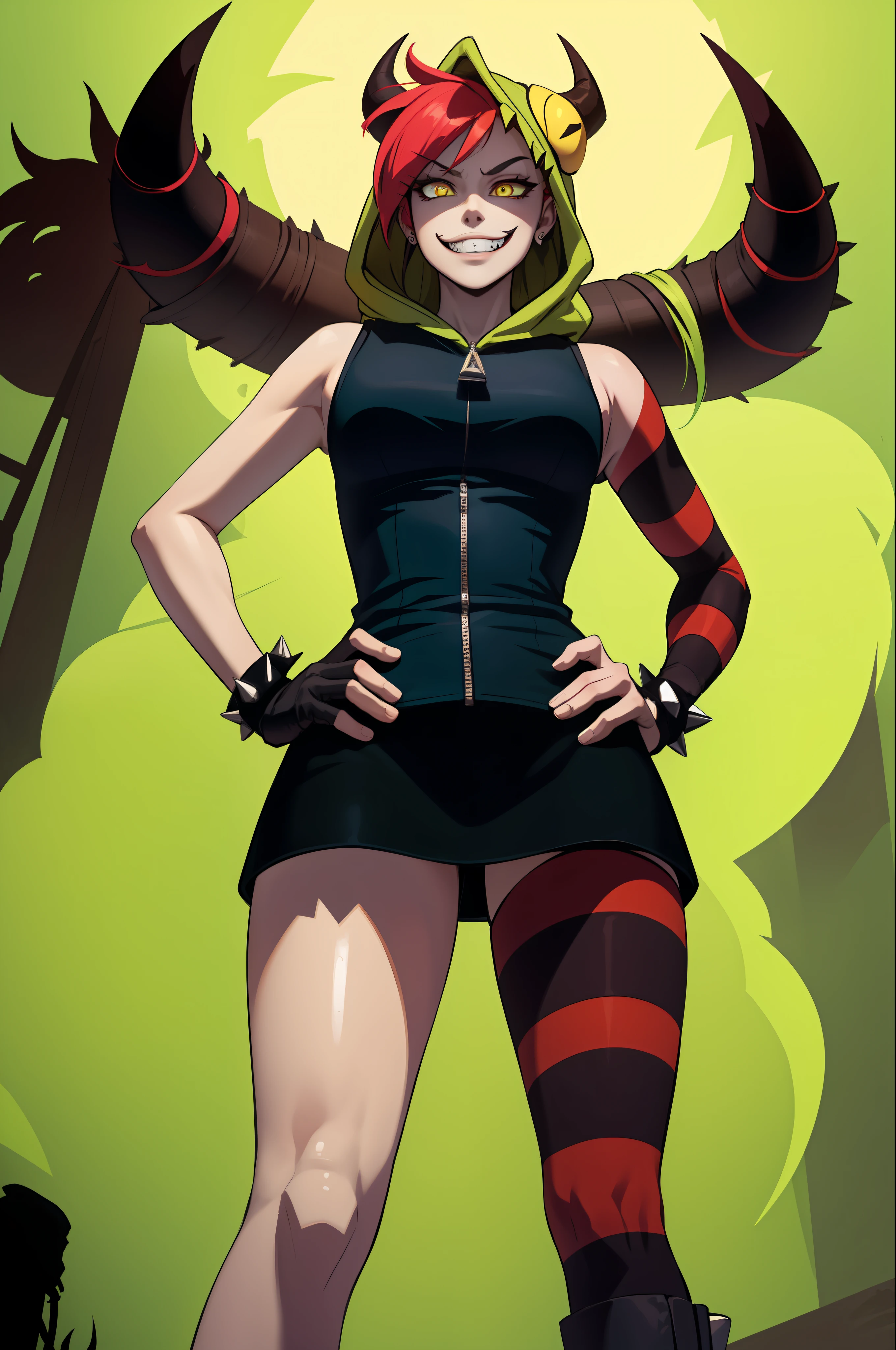 (masterpiece, best quality:1.2), cowboy shot, solo, 1girl, demencia, evil grin, looking at viewer, hands on hips, yellow eyes, striped, vest, sleeveless, hood, horns, thighhighs, fingerless gloves, jewelry, bracelet, spikes, (((from below))), one leg raised, boot visible,