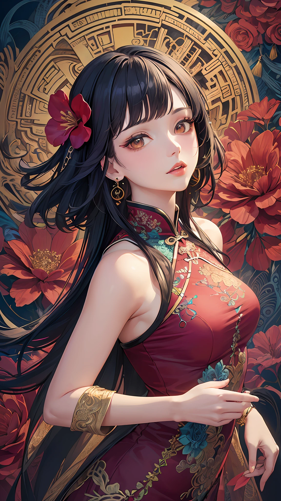 (masterpiece, top quality, best quality, official art, beautiful and aesthetic:1.2), (1girl:1.3), extremely detailed,(fractal art:1.1),(colorful:1.1)(flowers:1.3),highest detailed,(zentangle:1.2), (dynamic pose), (abstract background:1.3), (chinese dress:1.2), (shiny skin), (many colors:1.4), ,(earrings:1.4),