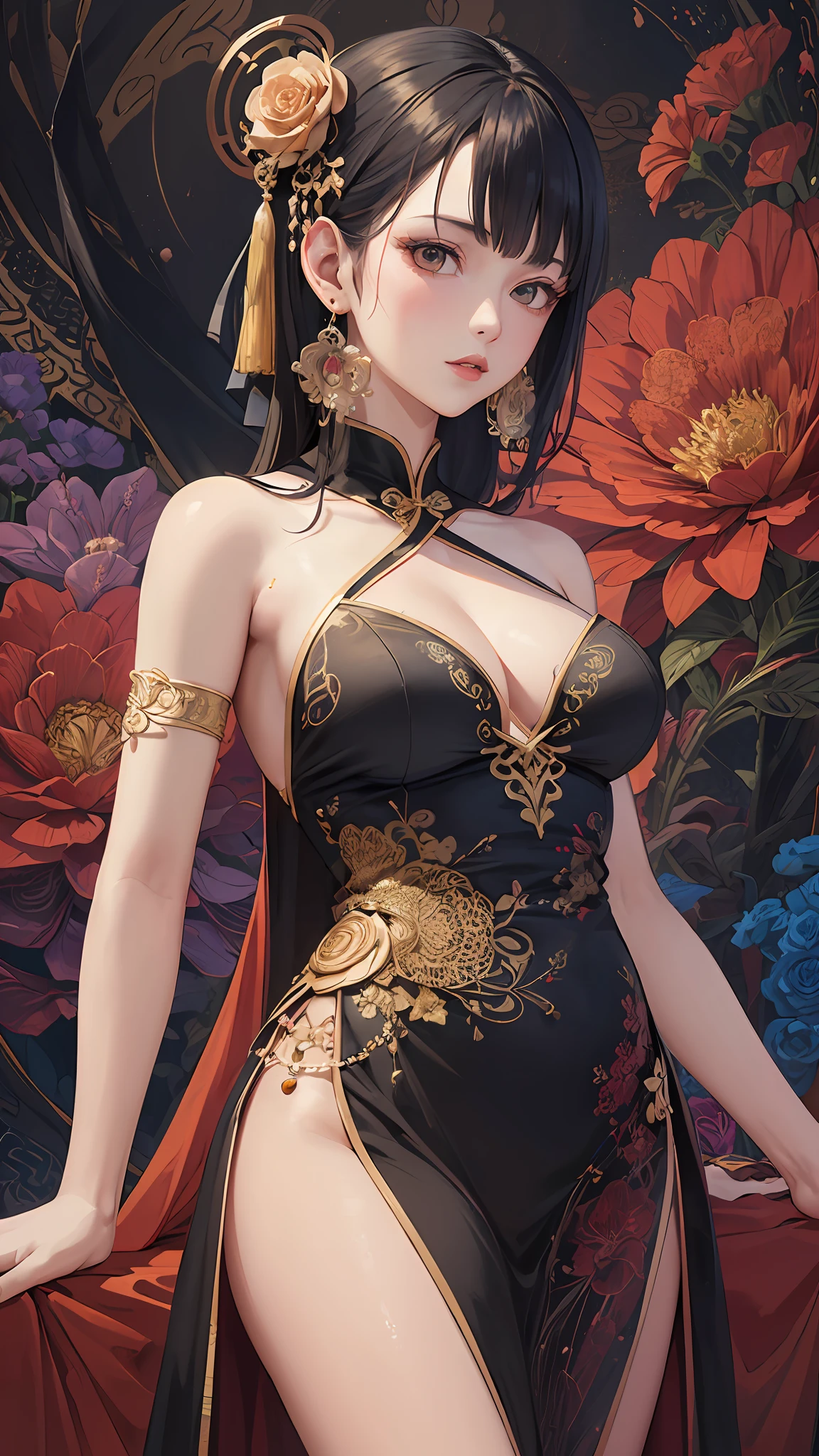(masterpiece, top quality, best quality, official art, beautiful and aesthetic:1.2), (1girl:1.3), extremely detailed,(fractal art:1.1),(colorful:1.1)(flowers:1.3),highest detailed,(zentangle:1.2), (dynamic pose), (abstract background:1.3), (chinese dress:1.2), (shiny skin), (many colors:1.4), ,(earrings:1.4),