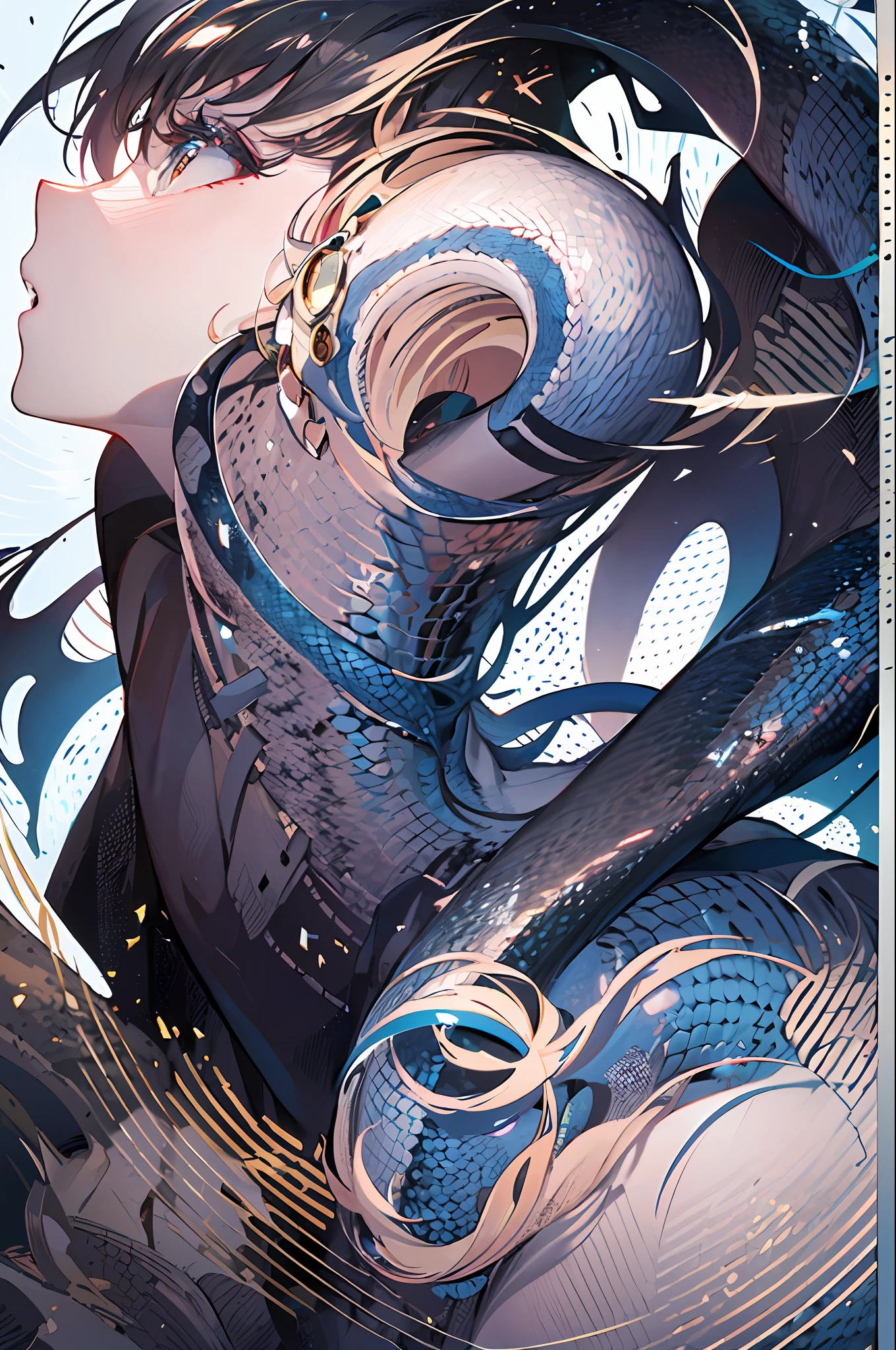 (HD 8K wallpaper) + (meticulous), (model curves), (a captivating), (human snake tail) is displayed in a fantastic scene, under soft lighting, (static) + different angles + (textured texture), (vibrating lines) + (distorted lines) + (tail fin lines), cruelty and beauty coexist.