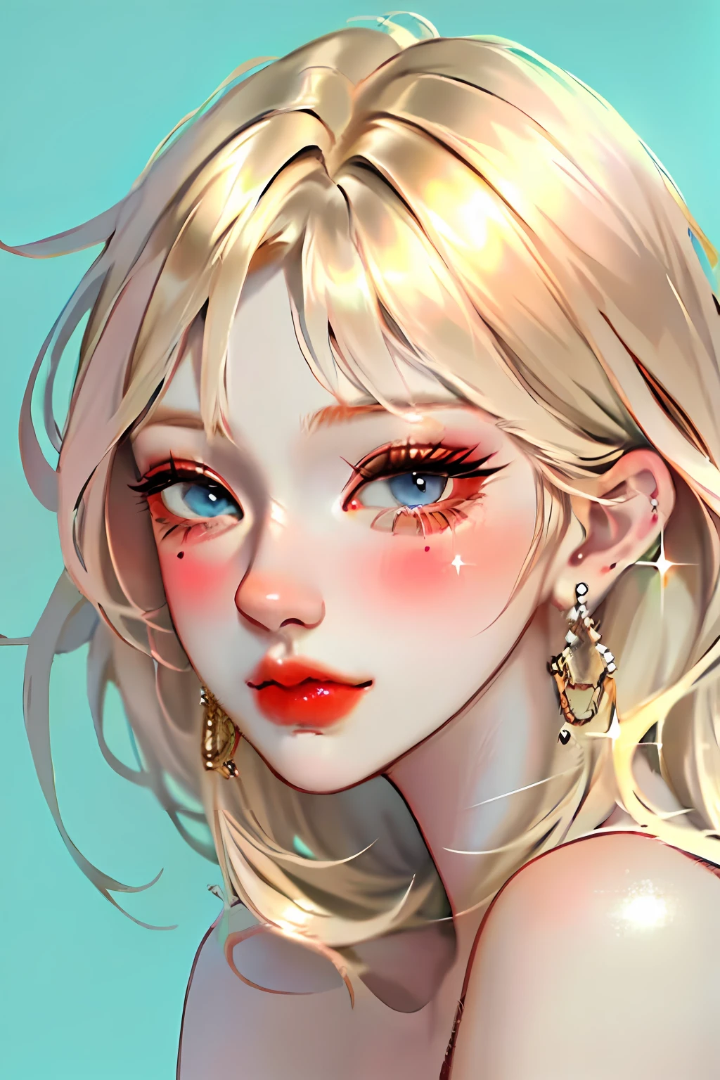 1girl, bangs,blonde hair,soft bangs, closed mouth, earrings, eyelashes, Aegyo-sal, puffy eyes, eyeshadow, lips, long hair, looking at viewer, makeup, glitter makeup, blush, blush nose, portrait,blue eyes, red lips, simple background, solo, white background, (shiny skin),(masterpiece:1.4),(best quality:1.4),realistic,fashi-girl