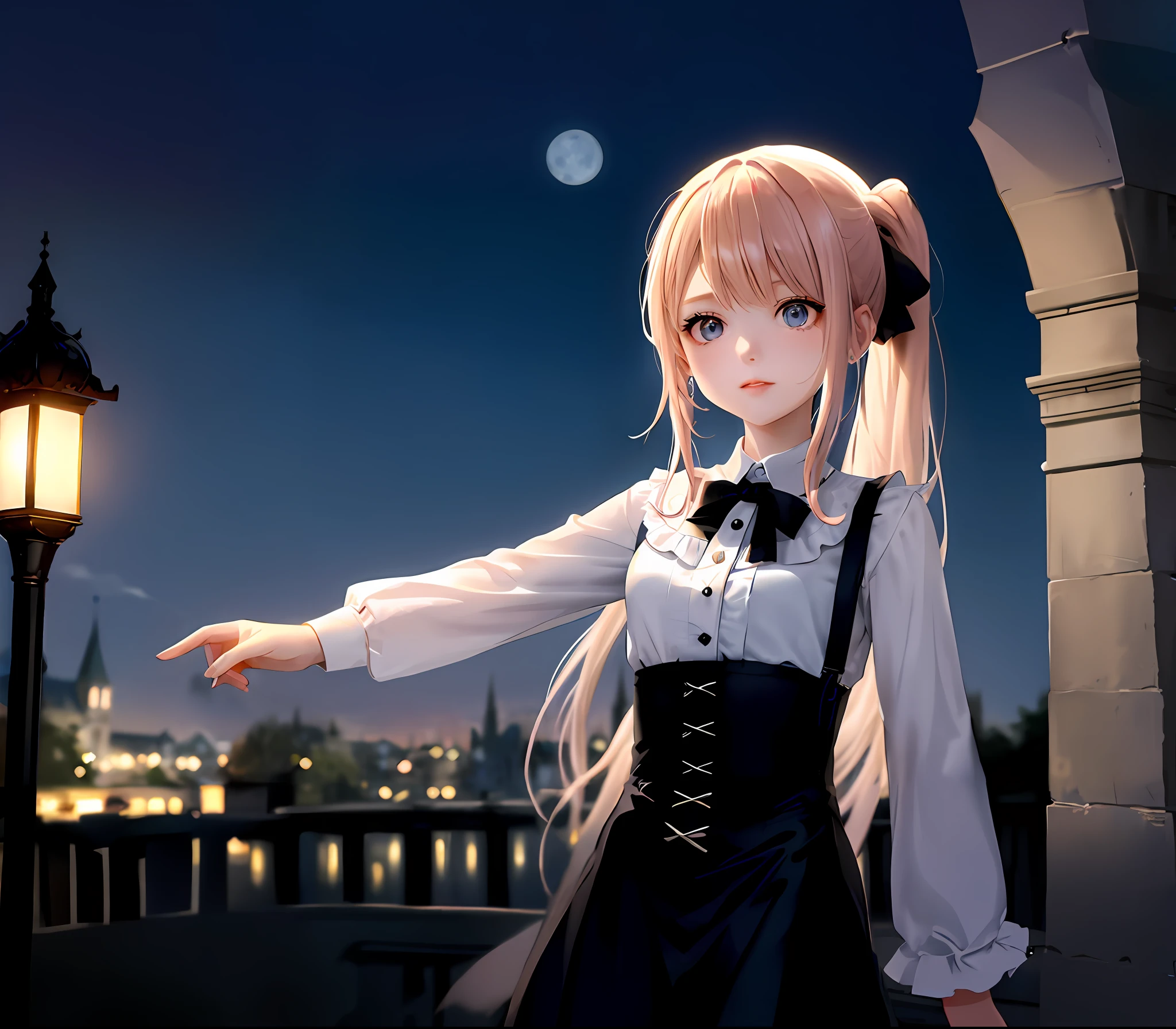 1 girl, gothic style costume, night, moonlight, castle, movie light