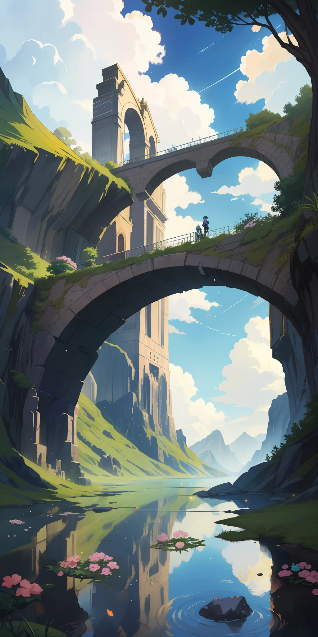 Summer, Makoto Shinka, concept art, tumblr, magic realism, beautiful anime scenes, beautiful skies, nature, trees, flowers and places, mountains, anime background art, anime backgrounds, Makoto Shinkas style, anime movie backgrounds, galaxy express, glittery sky