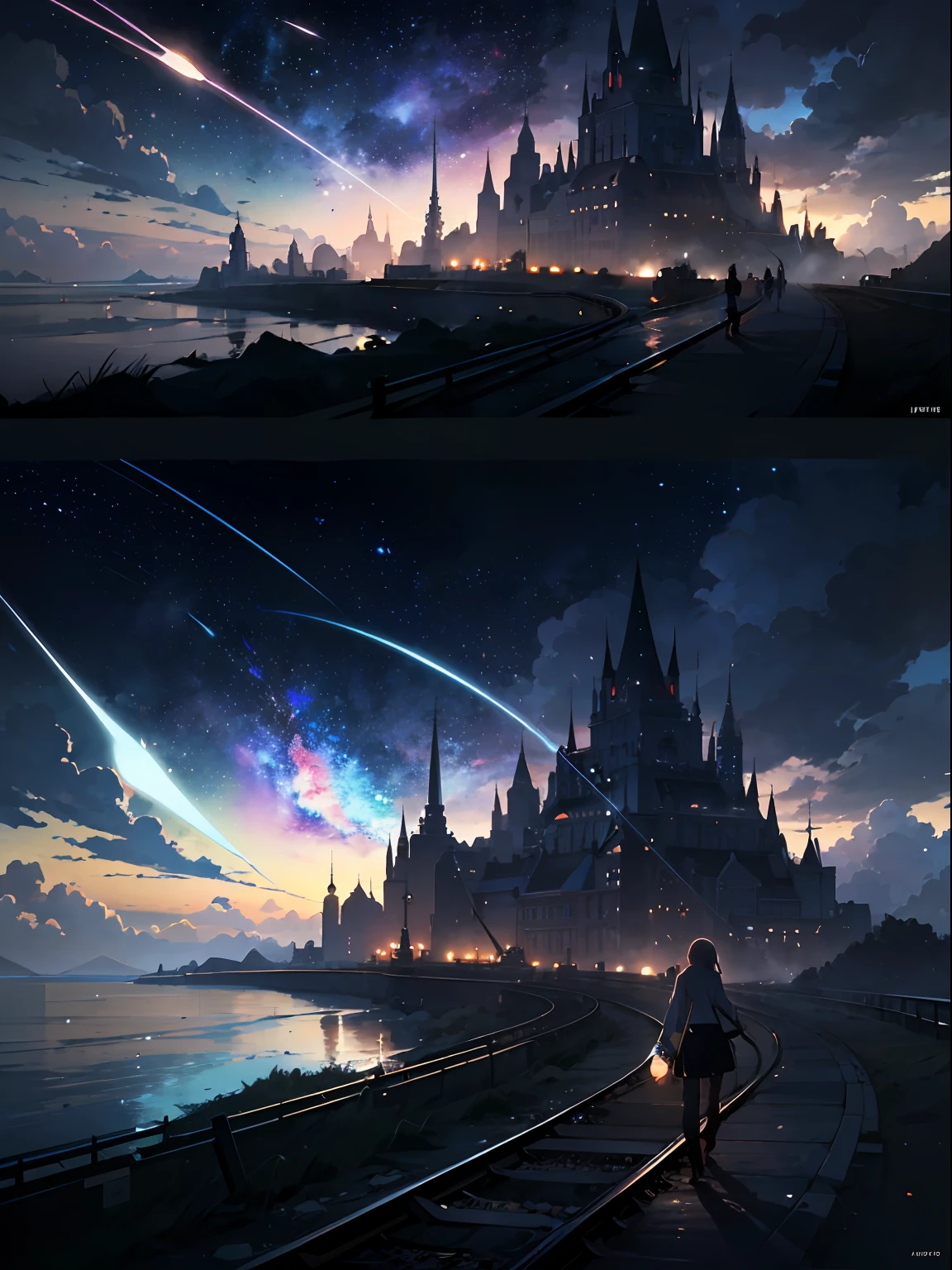 Summer, Makoto Shinkai's concept art, tumblr, magic realism, beautiful anime scenes, beautiful skies. by makoto shinkai, ( ( makoto shinkai ) ), anime background art, anime backgrounds, Makoto Shinkai's style, anime movie backgrounds, galaxy express, no humans. --auto --v6