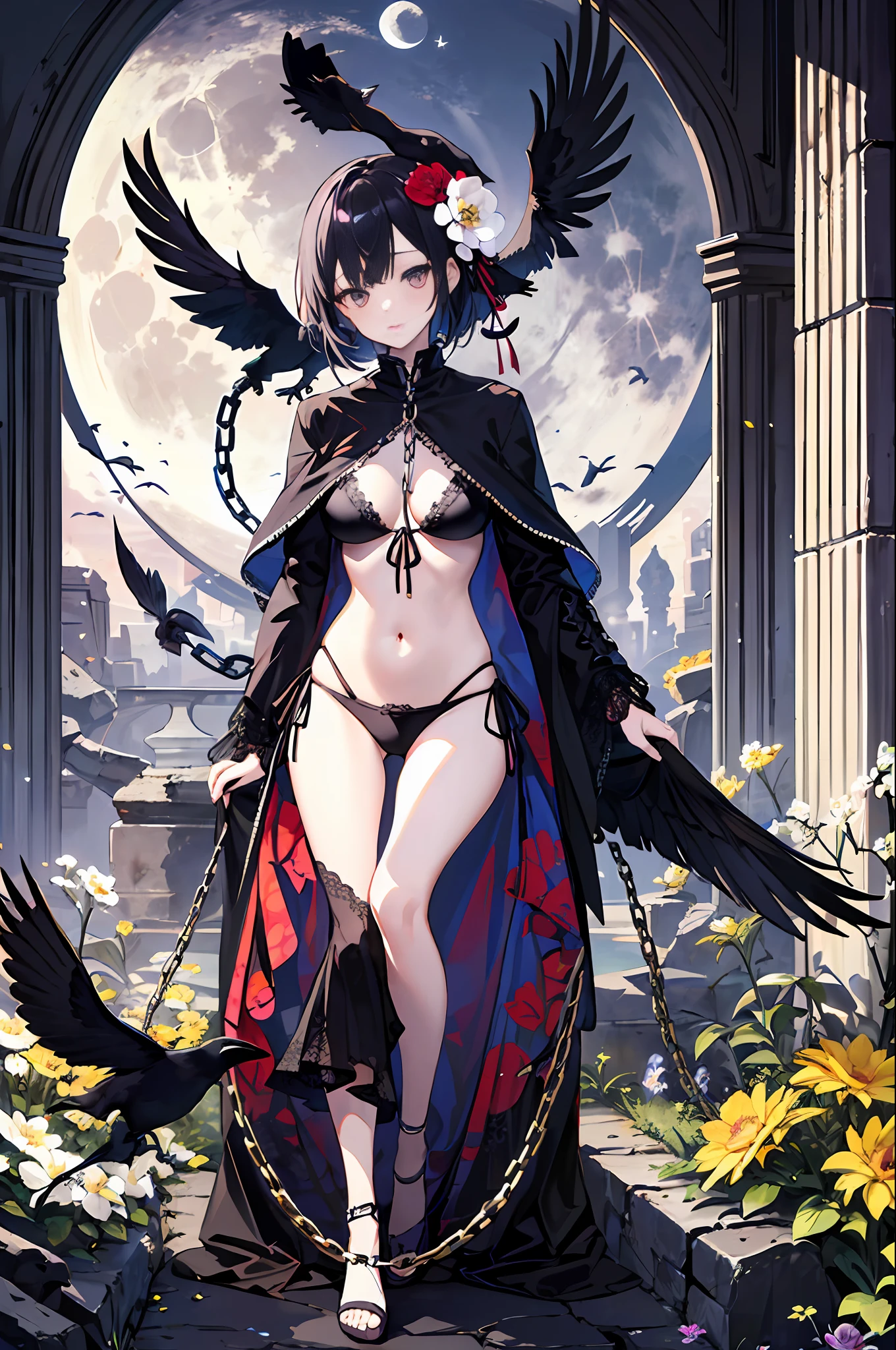 (Masterpiece), (Best Quality), Almighty, All-American, All-Moon, (Black Leg Ornament), 1Girl, (Crow), White Chain, Ruins, 1Gir, Flower, Flower, Flower, floud_moon, (Crow), Chain, Ruins, 1Gir, In Flower, black_bikini,1 Girl in Lace, Navel