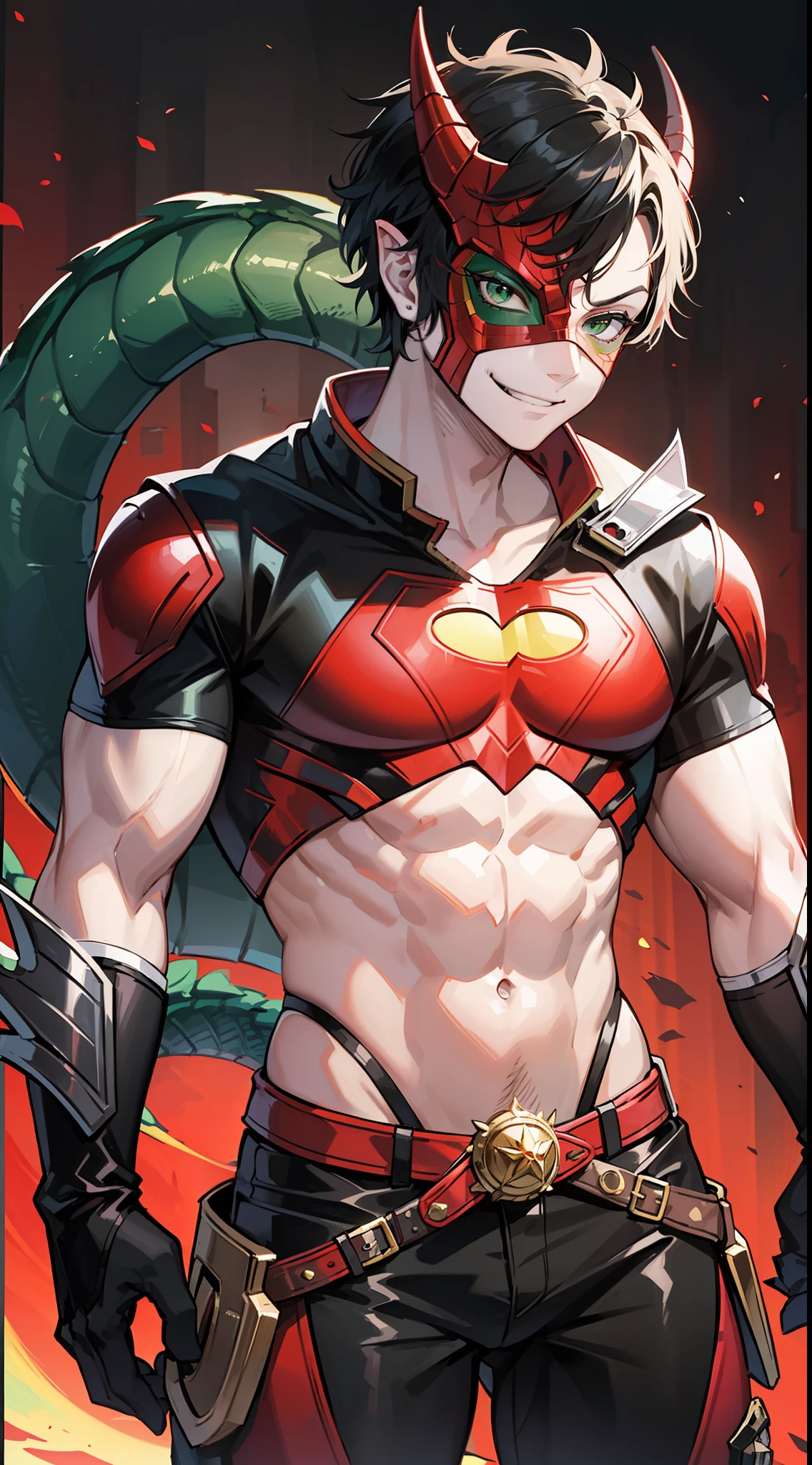 Young guy, short black hair, green eyes, red superhero costume, superhero mask, dragon horns, dragon tail, smirk, muscles, masterpiece, high quality