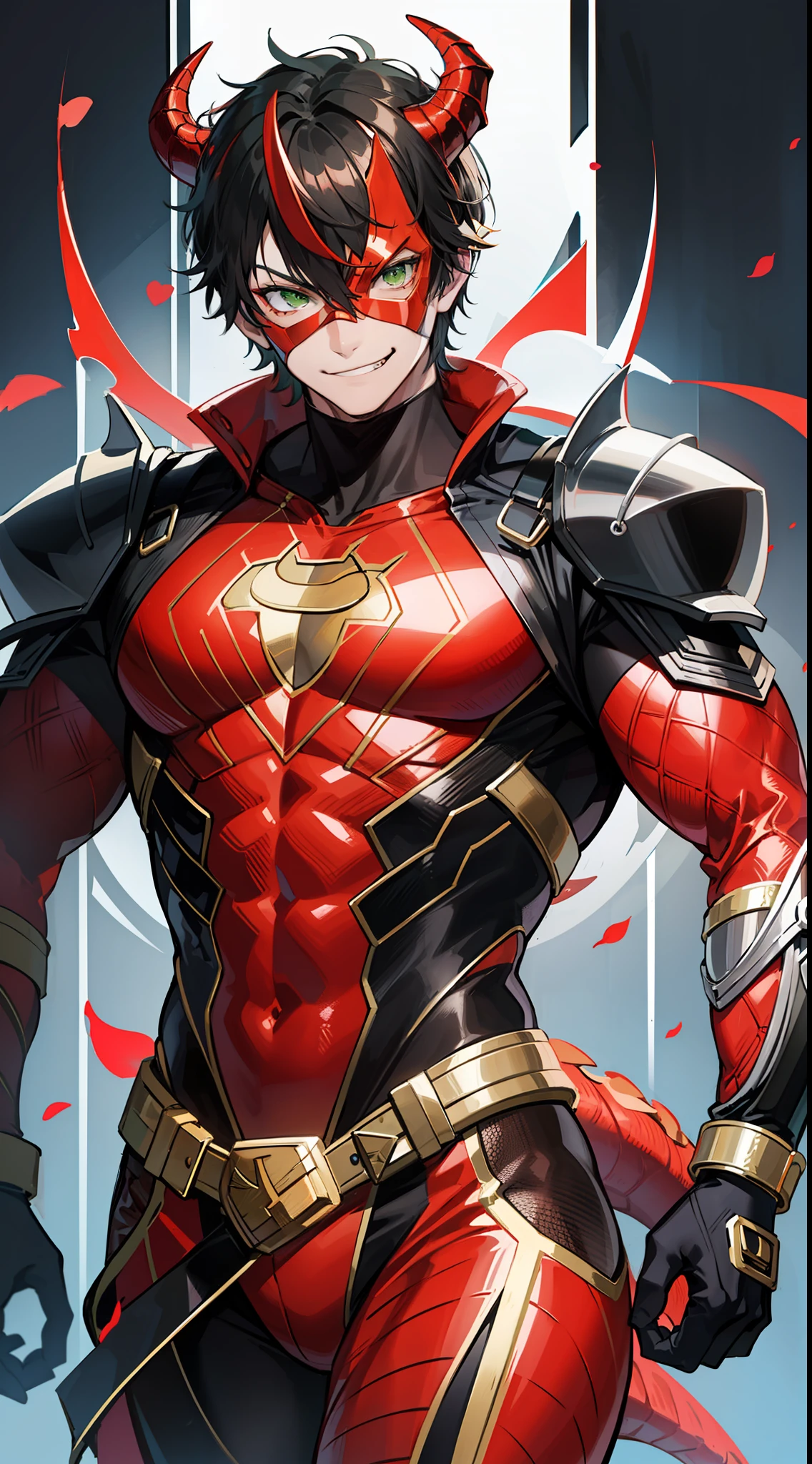 Young guy, short black hair, green eyes, red superhero costume, superhero mask, dragon horns, dragon tail, smirk, muscles, masterpiece, high quality
