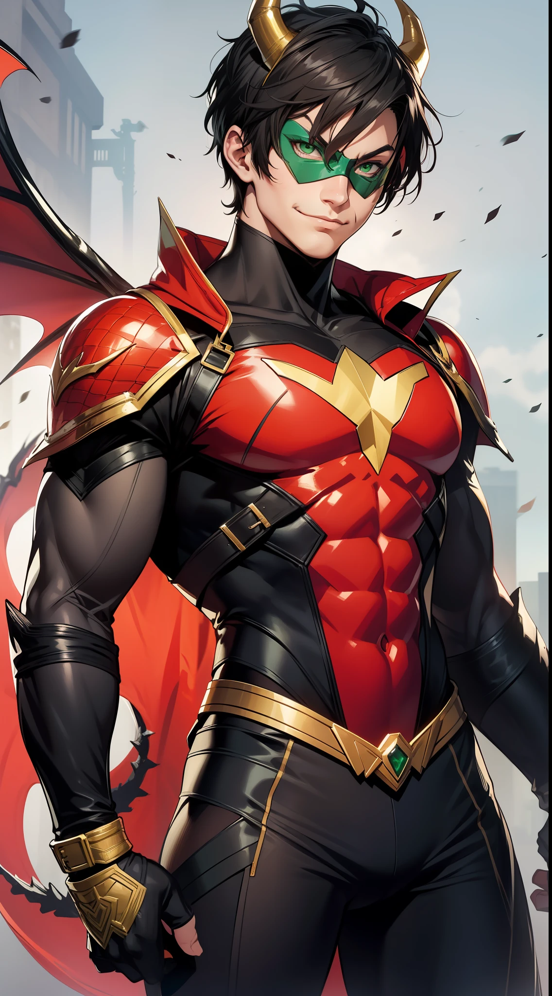 Young guy, short black hair, green eyes, red superhero costume, superhero mask, dragon horns, dragon tail, smirk, muscles, masterpiece, high quality