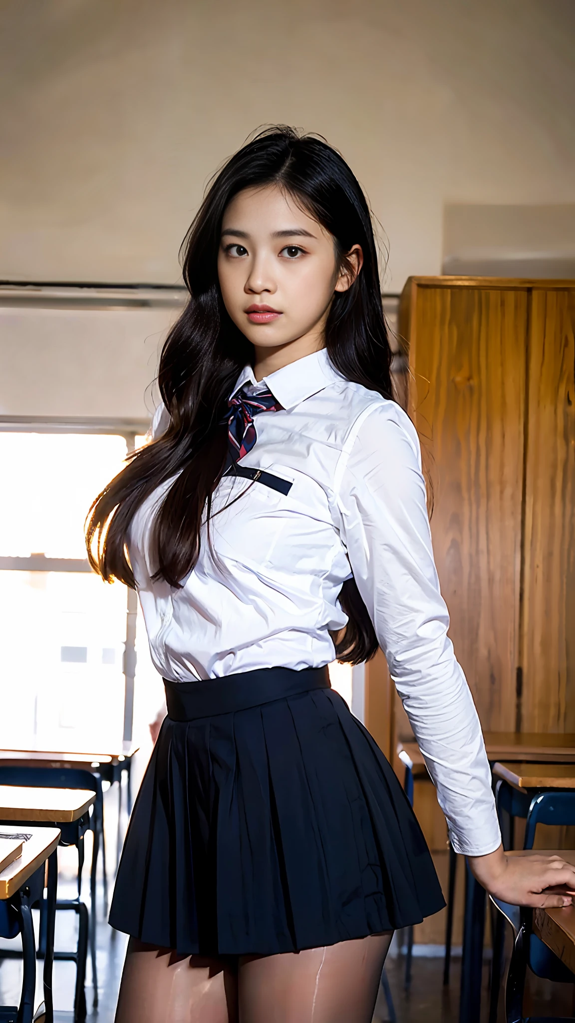 ulzzang-6500-v1.1, (raw photo:1.2), (photorealistic:1.4), beautiful detailed girl, very detailed eyes and face, beautiful detailed eyes, ridiculous, incredibly ridiculous, huge file size, super detailed, high resolution, very detailed, best quality, masterpiece, kemomimi, ((Japanese girls' high school uniform)), illustration, very detailed, CG, unified, 8k wallpaper, amazing, Fine details, masterpiece, best quality, very detailed CG uniform 8k wallpaper, face light, movie lighting, 1girl, 18 years old, ((dynamic pose))), (half), (white stockings)), ()), reddened expression, delicate facial features, perfect figure, background classroom