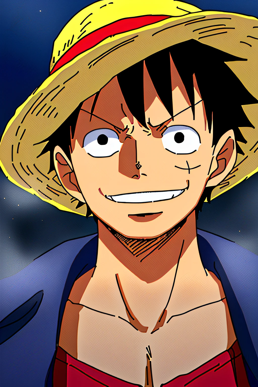 1boy, wanostyle, monkey d luffy, smiling, straw hat, looking at viewer, solo, upper body, ((masterpiece)), (best quality), (extremely detailed), depth of field, sketch, dark intense shadows, sharp focus, soft lighting, hdr, colorful, good composition, smoke all around, spectacular, closed shirt, anime screencap, scar under eye, ready to fight, black eyes, outdoors, night