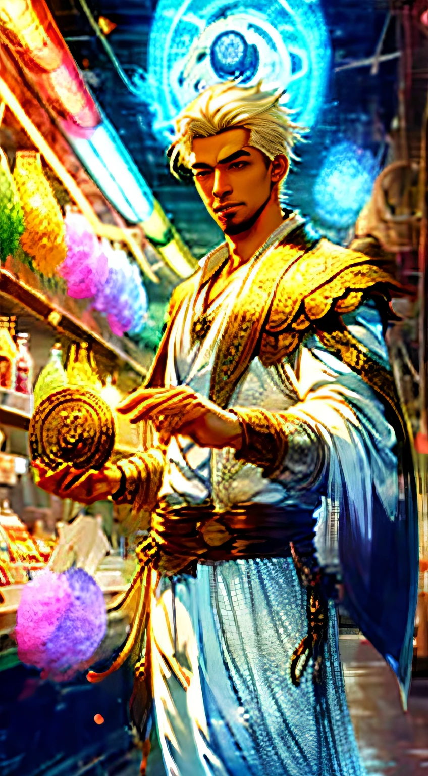 Man, white suit, handsome face, white hair, holding Hades coin, supermarket background