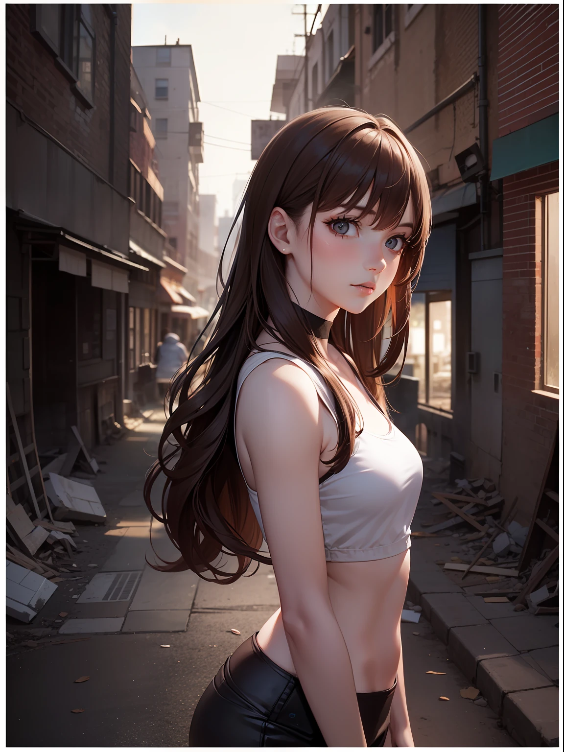 RAW photo, a portrait of a 25 year old woman in Wastelander clothing, shazglow, wavy brown hair, long hair, pale skin, thin body, background are city ruins, (highly detailed skin: 1.2), 8k uhd, dslr, soft lighting, high quality, film grain, Fujifilm XT3