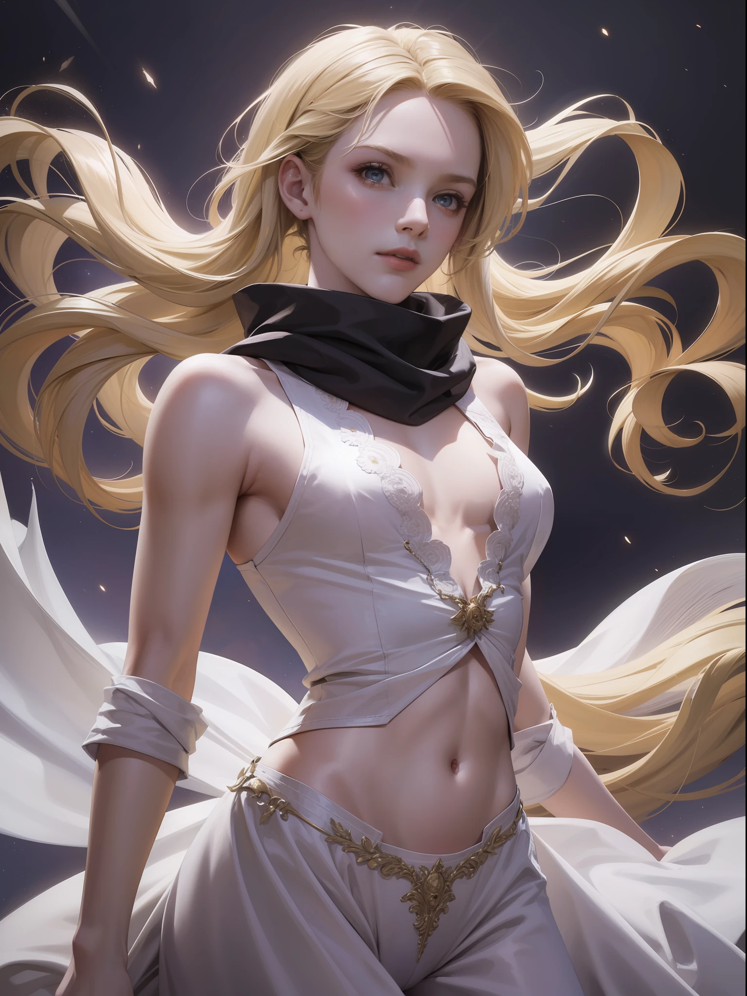 (masterpiece, absurdres, highres, ultra detailed), 1man, wavy blonde hair, blue eyes, ponytail, perfect face, male focus, femboy, flat chest, bulge, androgynous, detailed eyes and face, slight smile, wearing white silk sundress and breeches, transparent, lace, floating scarf, bare shoulders, bare collarbones, bare navel, sci-fi background, space opera, legend of galactic heroes, intricate details, cinematic lightning, depth of field, action packed, action shot, cowboy shot