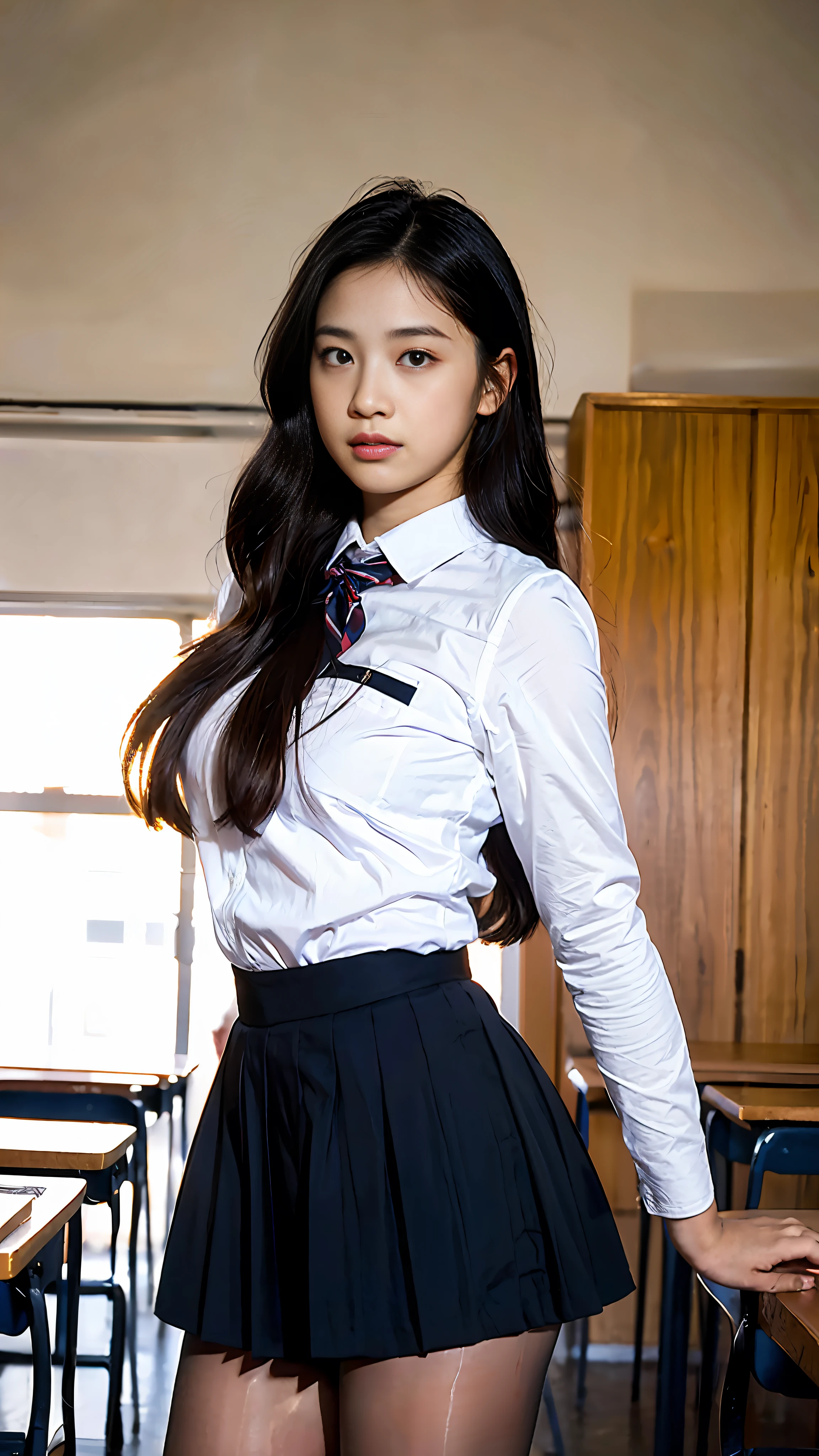 ulzzang-6500-v1.1, (raw photo:1.2), (photorealistic:1.4), beautiful detailed girl, very detailed eyes and face, beautiful detailed eyes, ridiculous, incredibly ridiculous, huge file size, super detailed, high resolution, very detailed, best quality, masterpiece, kemomimi, ((Japanese girls' high school uniform)), illustration, very detailed, CG, unified, 8k wallpaper, amazing, Fine details, masterpiece, best quality, very detailed CG uniform 8k wallpaper, face light, movie lighting, 1girl, 18 years old, ((dynamic pose))), (half), (white stockings)), ()), reddened expression, delicate facial features, perfect figure, background classroom