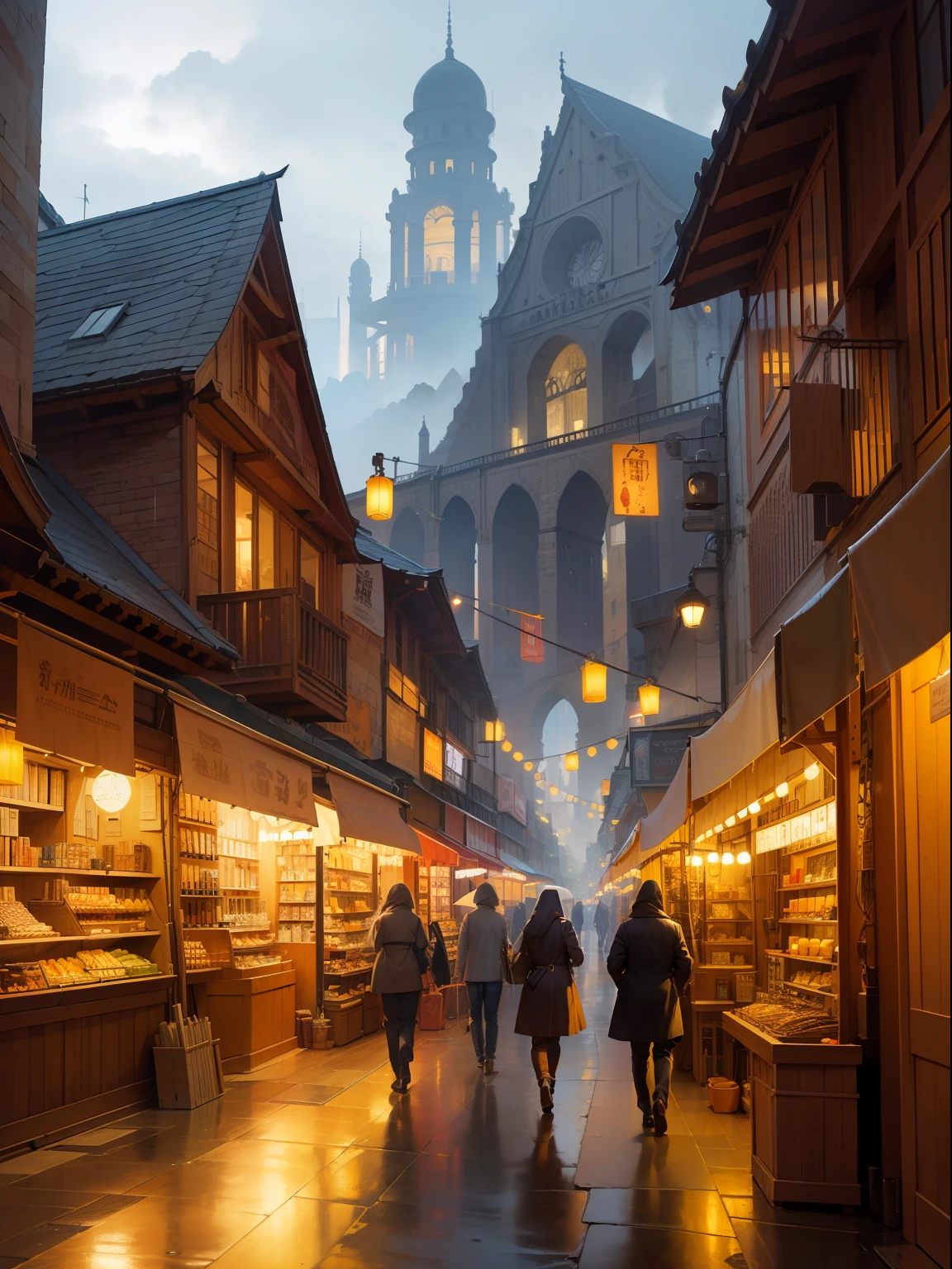((masterpiece)),((best quality)),((high detial)),((realistic,))
Industrial age city, deep canyons in the middle, architectural streets, bazaars, Bridges, rainy days, steampunk, European architecture