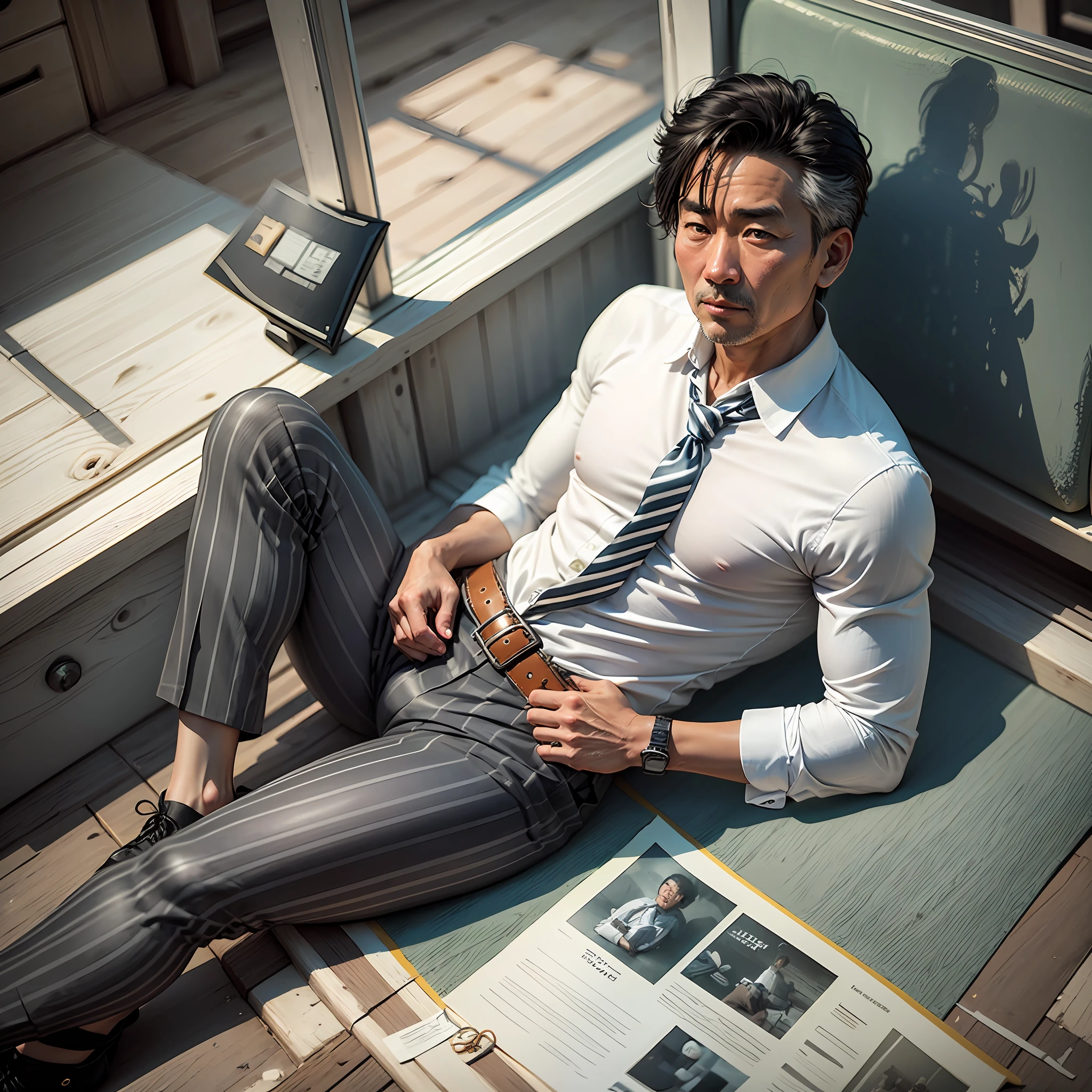 A, Asian, 50 years old middle-aged man, oily black striped trousers, gray tie, Hermes belt, silver-gray trousers, white shirt, legs wearing men's black stockings, lying down, straight face