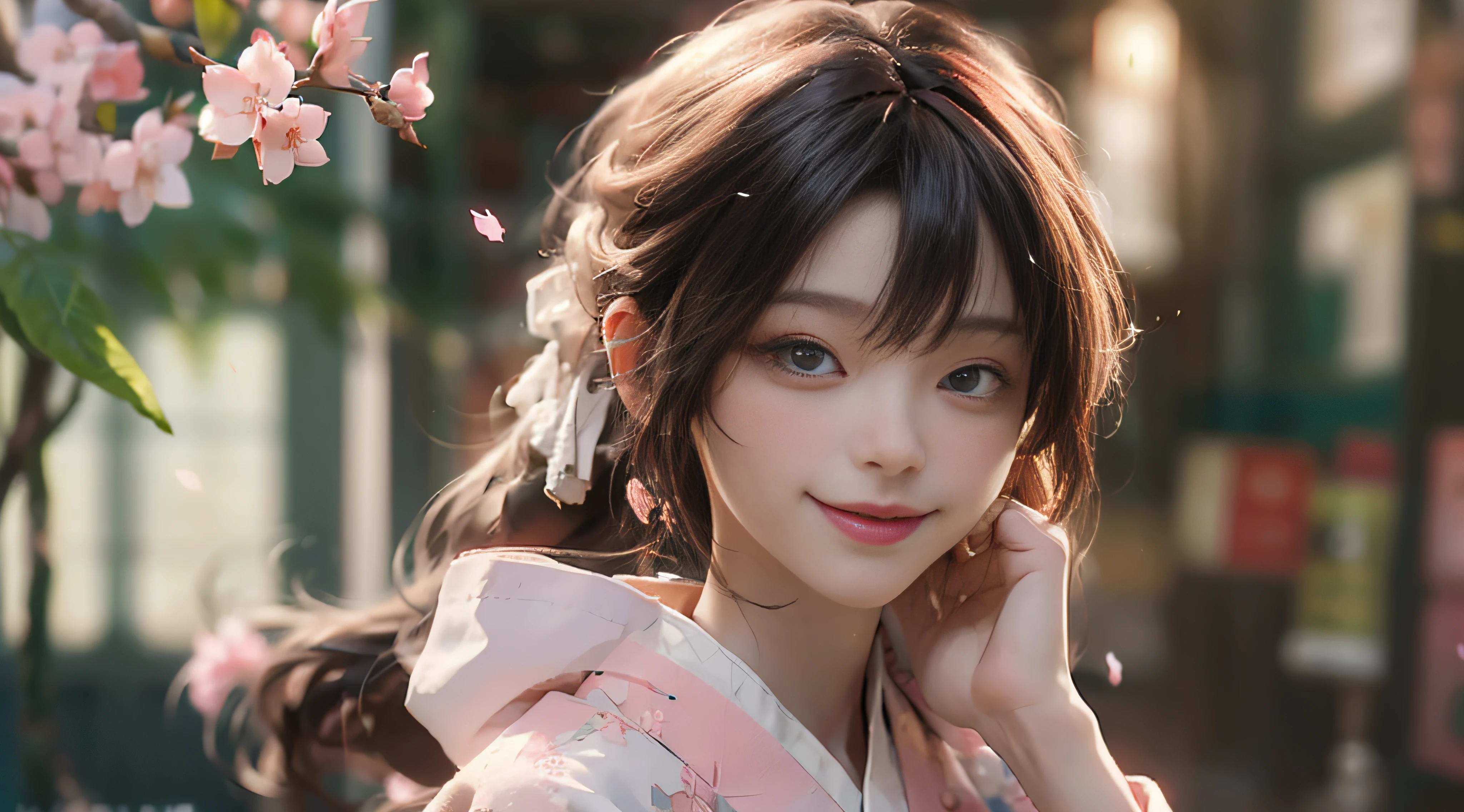 ((Best Quality)), ((Masterpiece)), (Detail: 1.4), 3D, Beautiful Cyberpunk Female Image, HDR (High Dynamic Range), Ray Tracing, NVIDIA RTX, Super Resolution, Unreal 5, Subsurface Scattering, PBR Texture, Post-Processing, Anisotropic Filtering, Depth of Field, Maximum Sharpness and Sharpness, Multi-layer Texture, Albedo and Highlight Mapping, Surface Coloring, Mitsu-Accurate Simulation of Material Interactions, Perfect Proportions, Octane Rendering, Two-color Light, Large Aperture, Low ISO, white balance, regular three-point, 8K RAW, beautiful bright pupils, flowing robe, fine pupils, delicate face and eyes, long eyelashes, blush, fluffy hair, pink lips, pure, cute, cherry blossom petals falling, smile without showing teeth